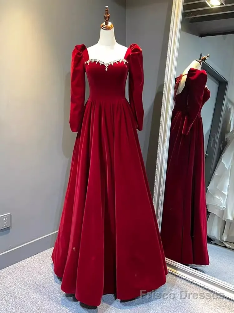 A Line Long Sleeves Red Velvet Prom Dresses