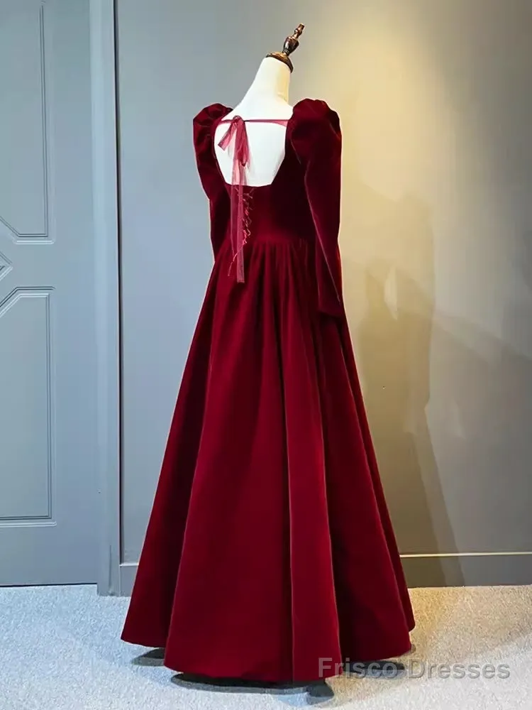 A Line Long Sleeves Red Velvet Prom Dresses