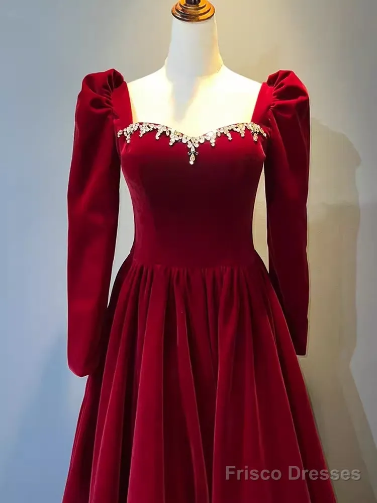 A Line Long Sleeves Red Velvet Prom Dresses