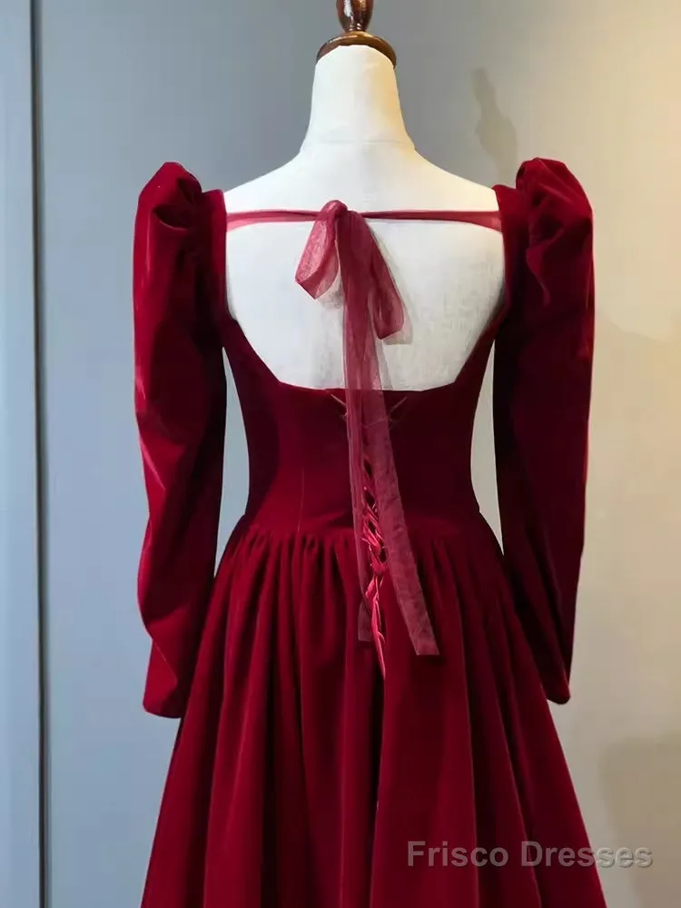 A Line Long Sleeves Red Velvet Prom Dresses