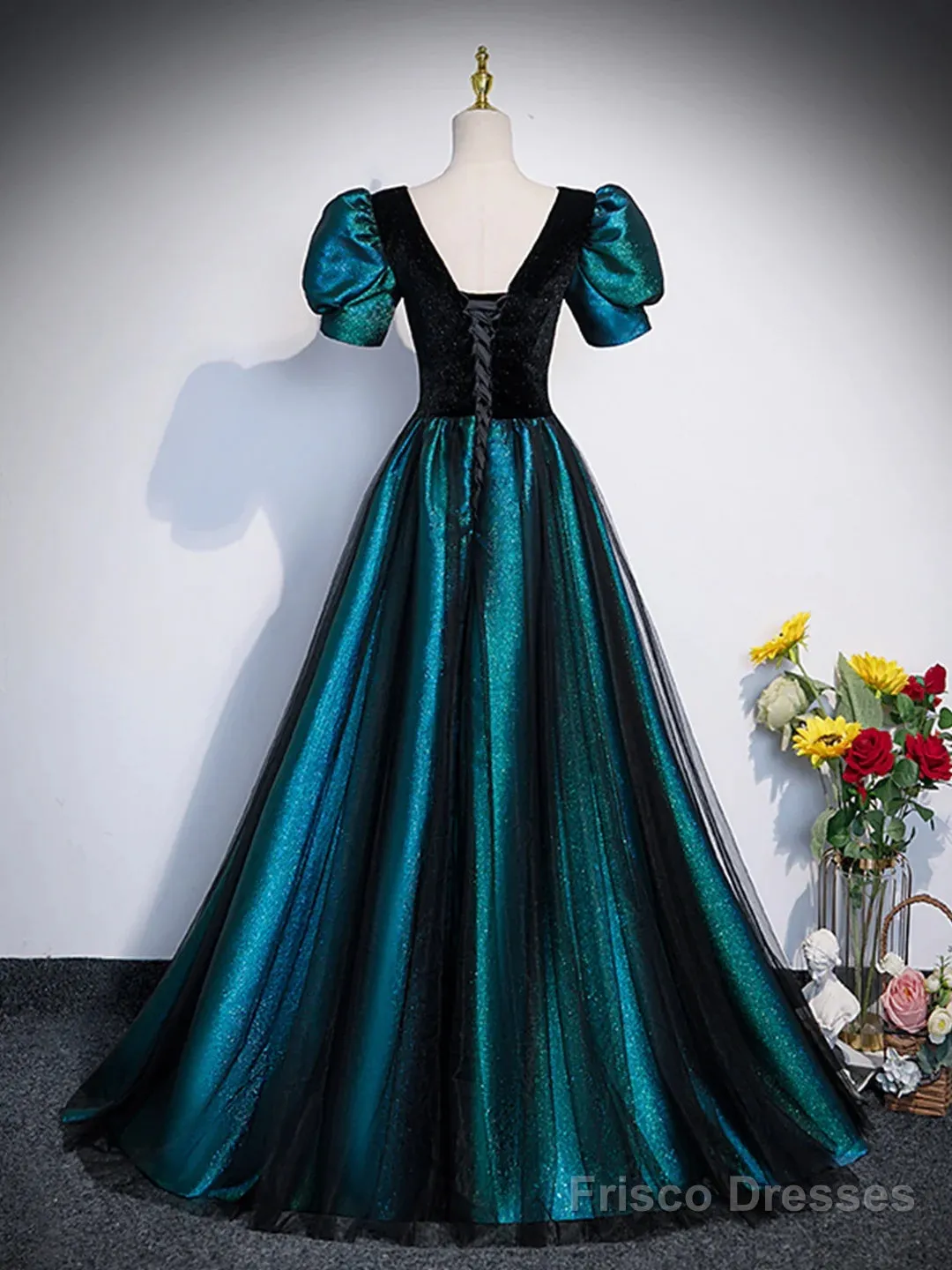 A-Line Velvet And Tulle Long Prom Dress, Short Sleeve  Party Dress Formal Dress