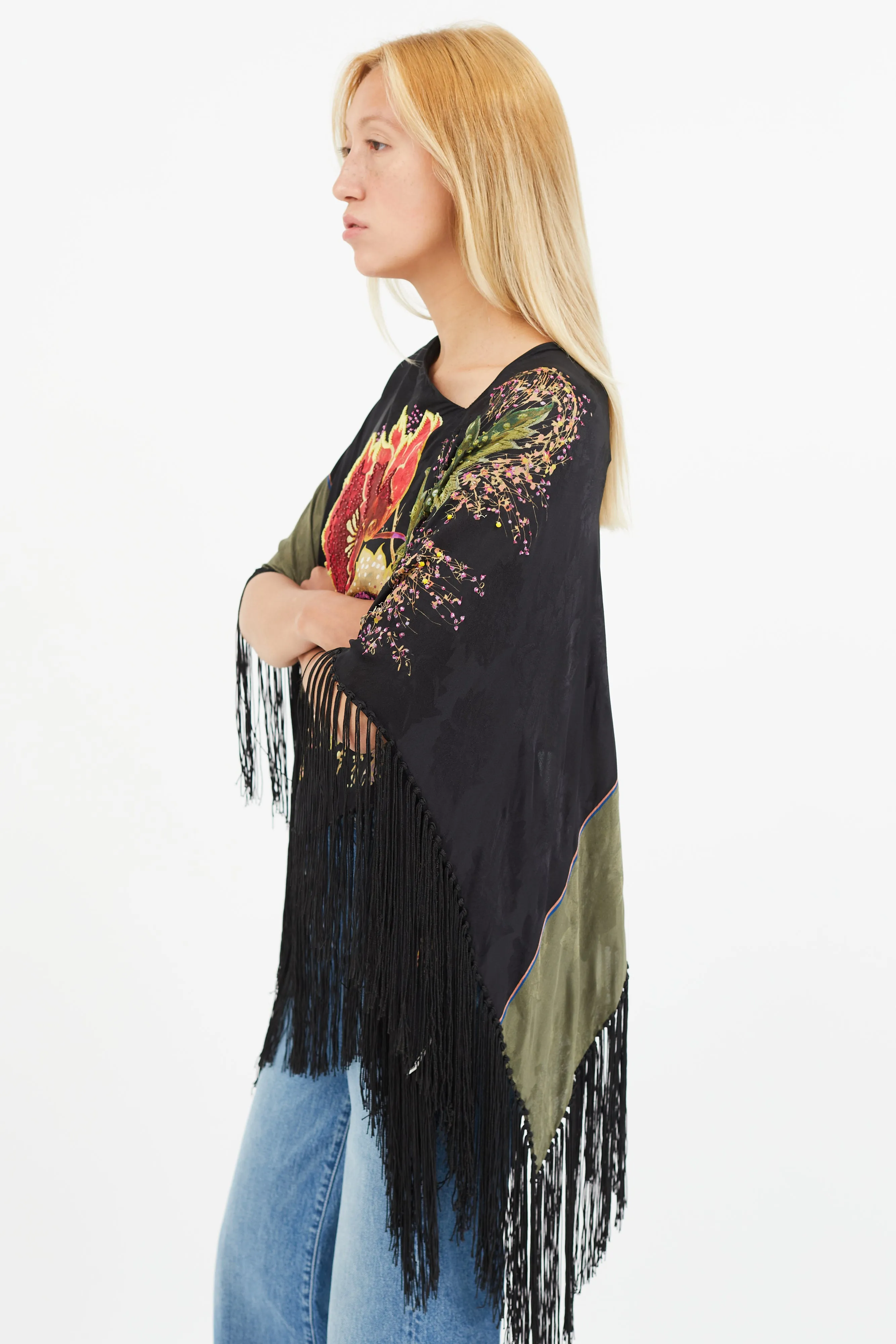Black & Multi Silk Floral Beaded Tassel Cape