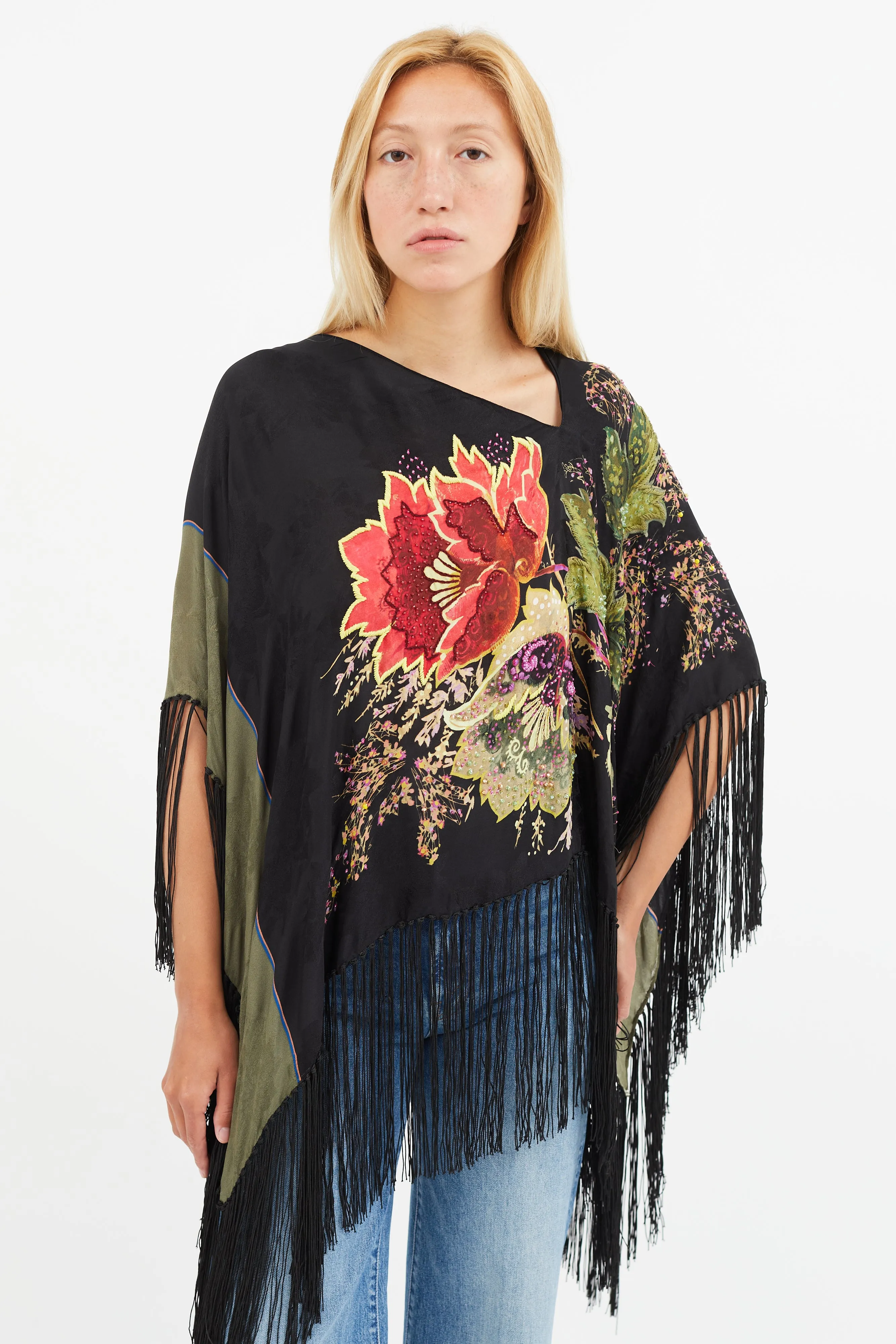 Black & Multi Silk Floral Beaded Tassel Cape
