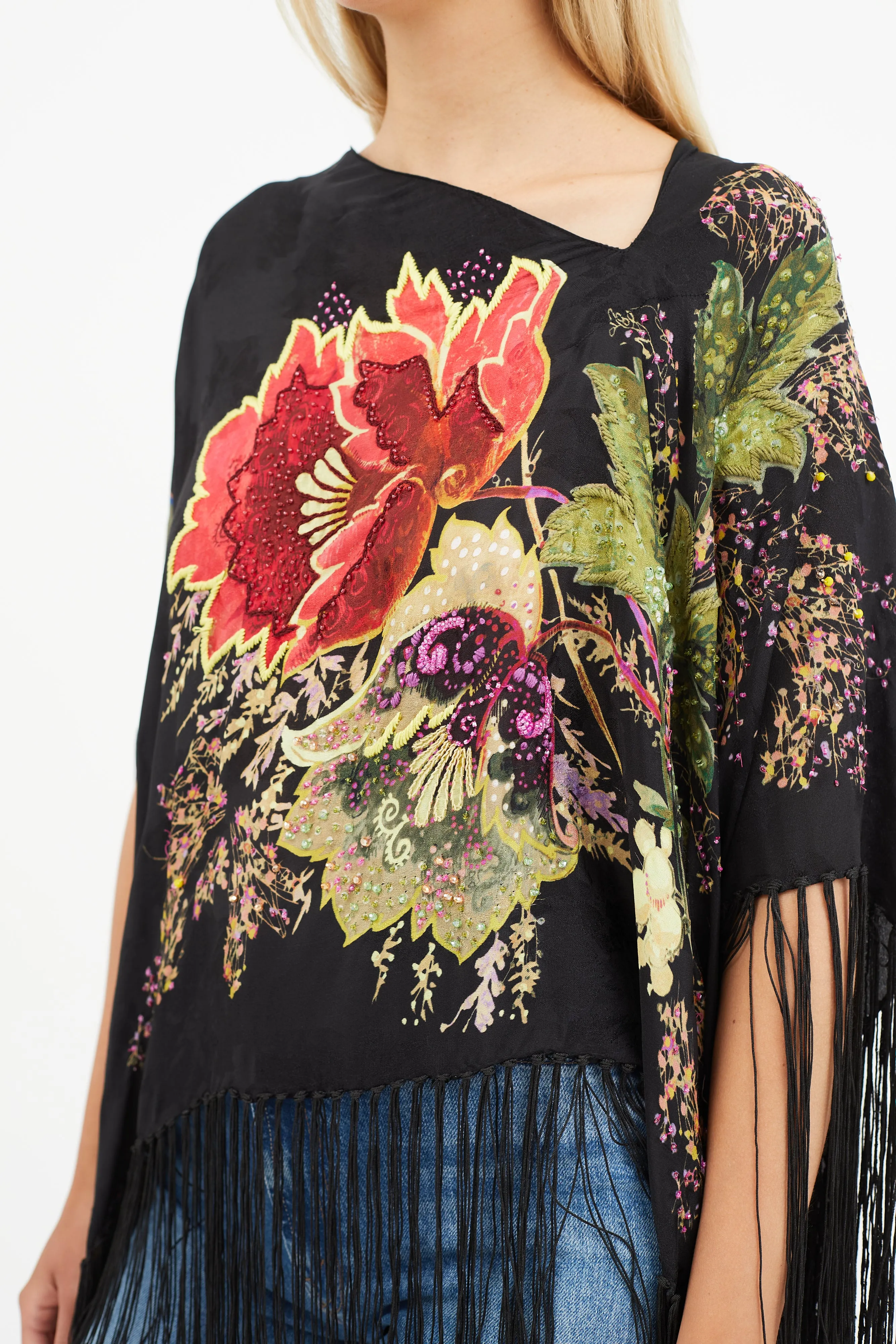 Black & Multi Silk Floral Beaded Tassel Cape
