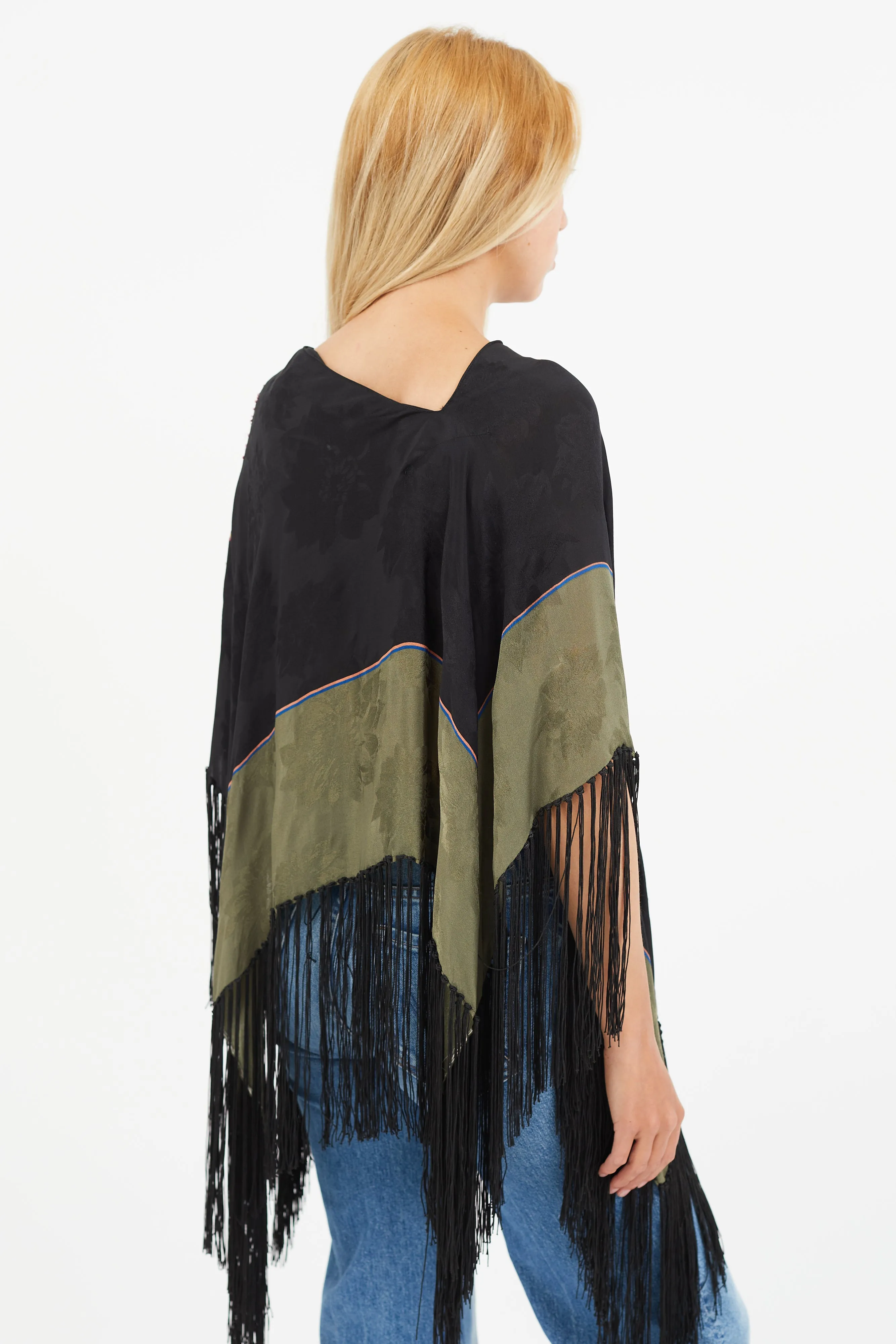 Black & Multi Silk Floral Beaded Tassel Cape