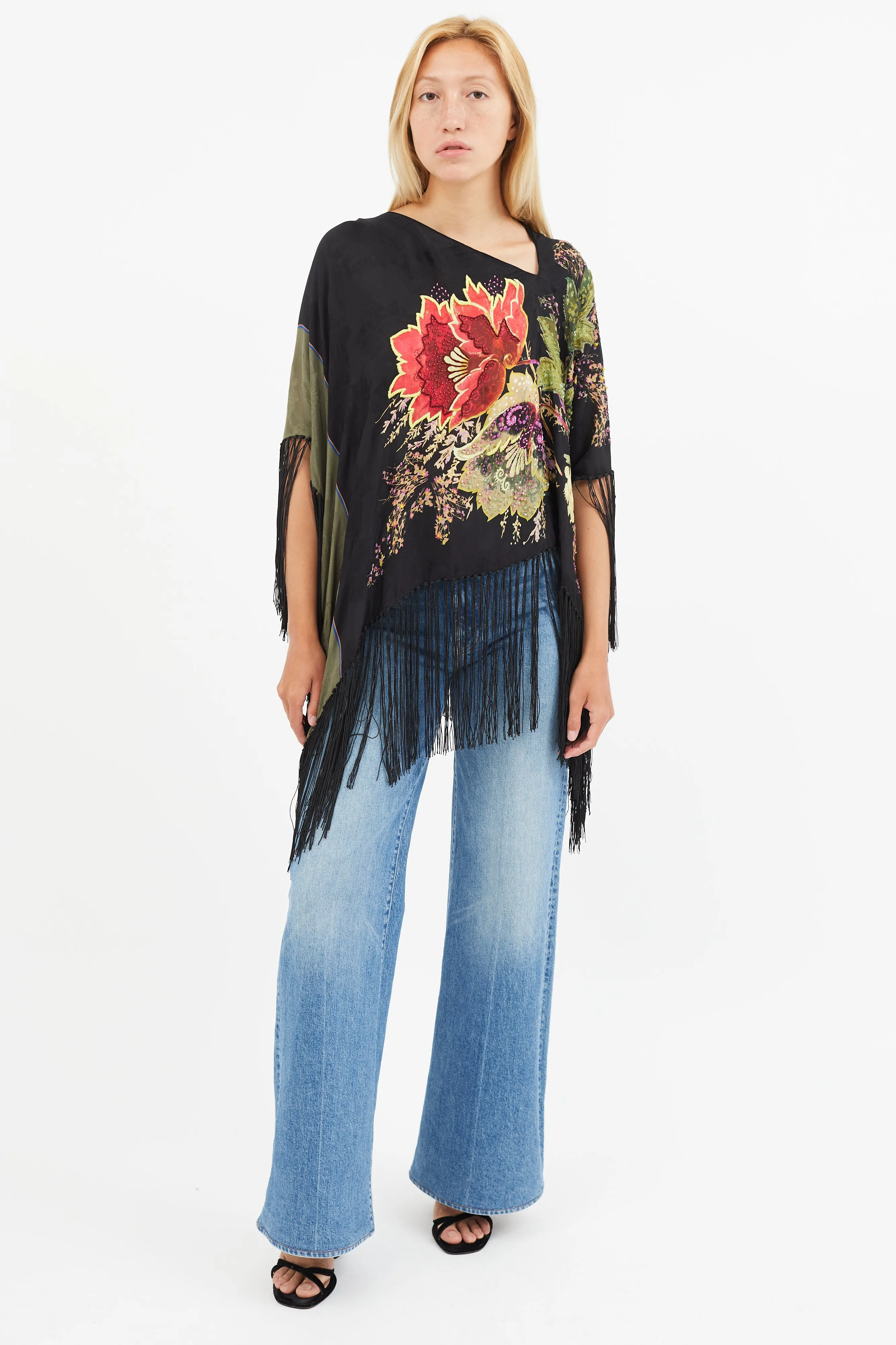 Black & Multi Silk Floral Beaded Tassel Cape