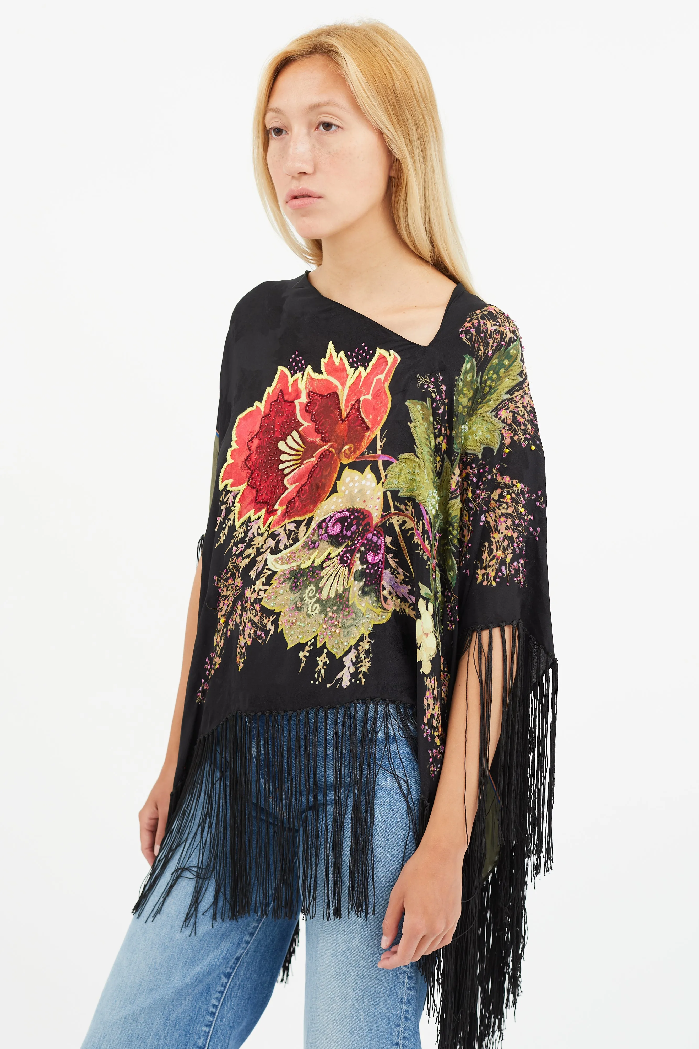 Black & Multi Silk Floral Beaded Tassel Cape