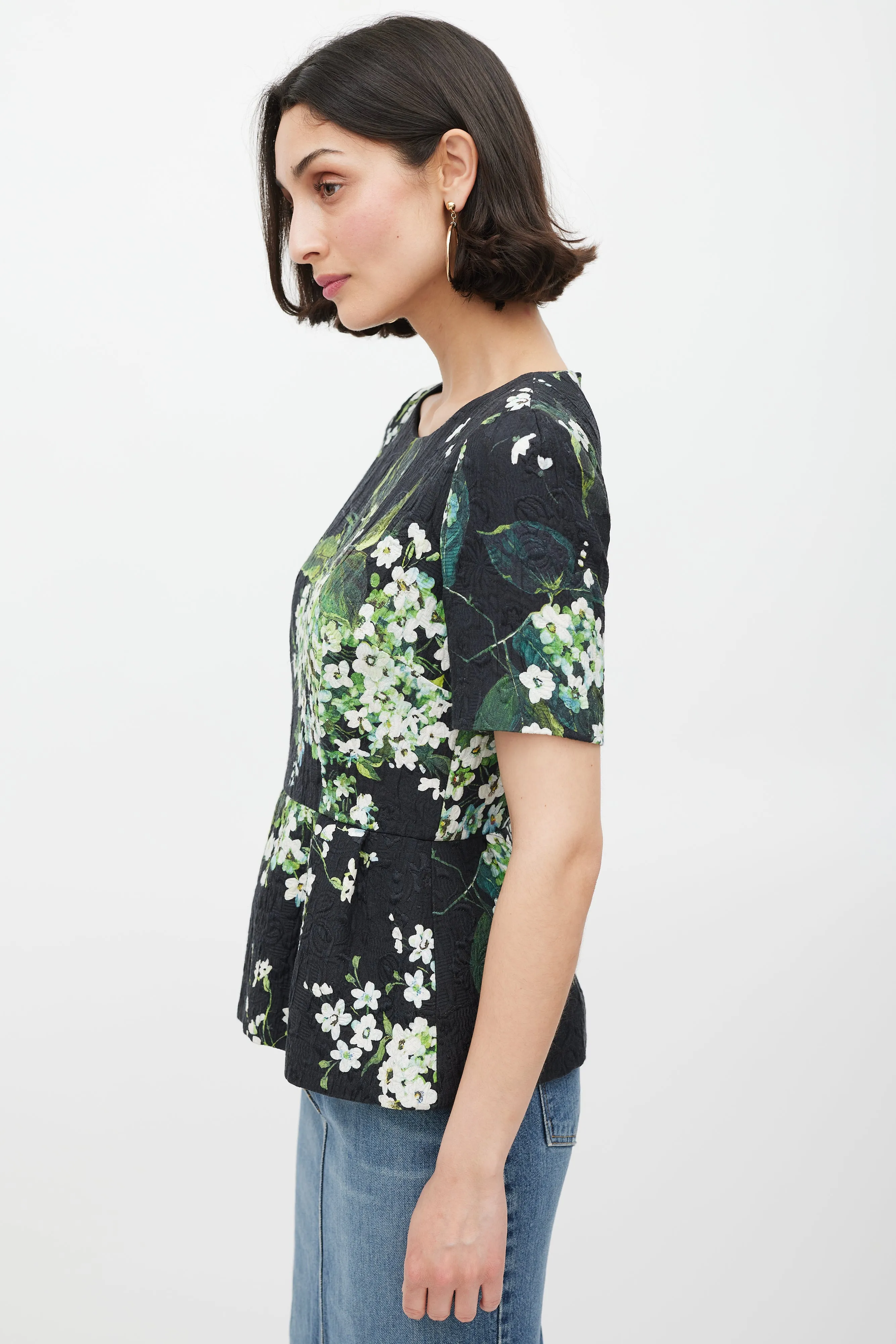 Black White & Green Floral Brocade Peplum Top