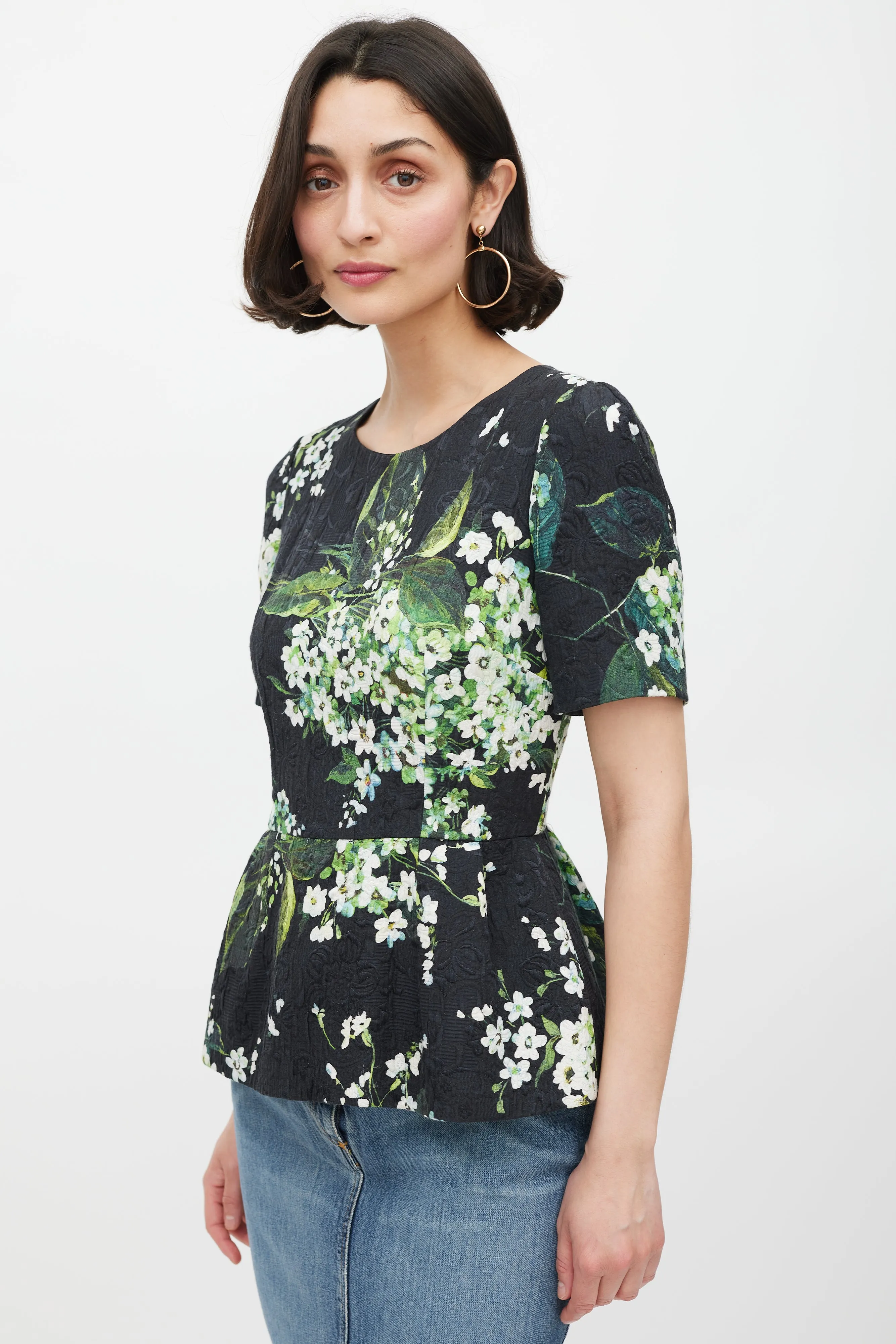 Black White & Green Floral Brocade Peplum Top