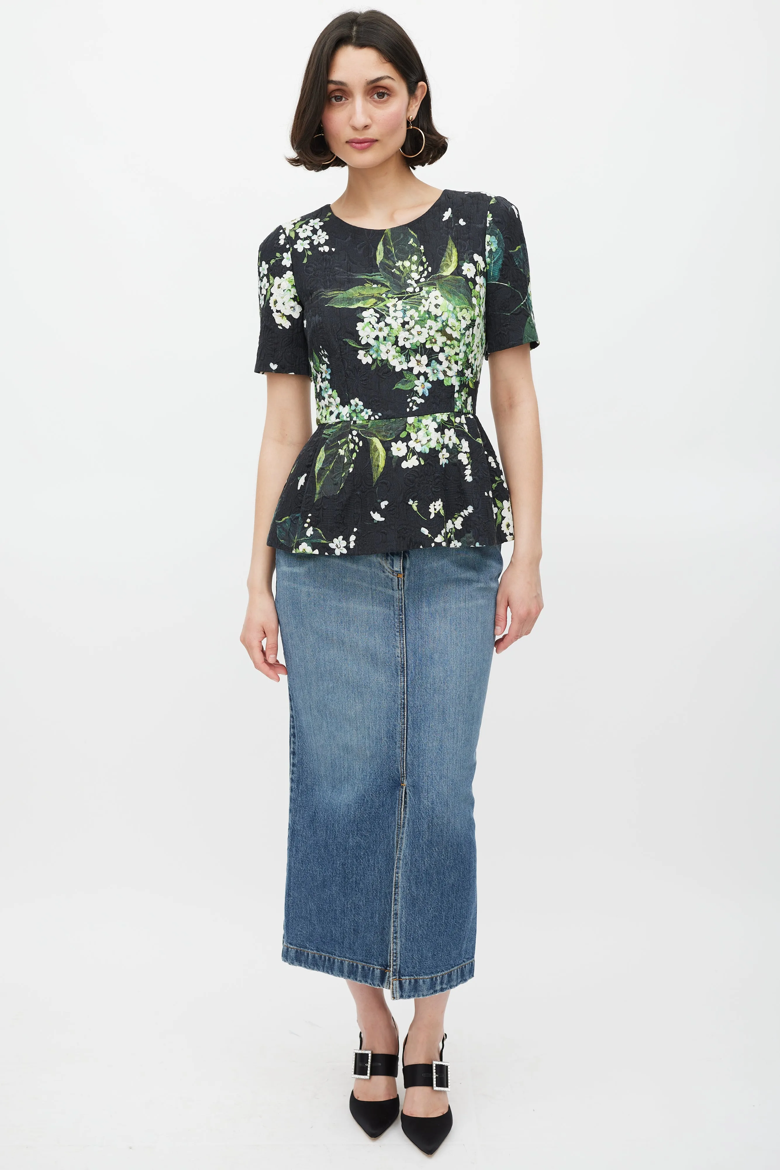 Black White & Green Floral Brocade Peplum Top