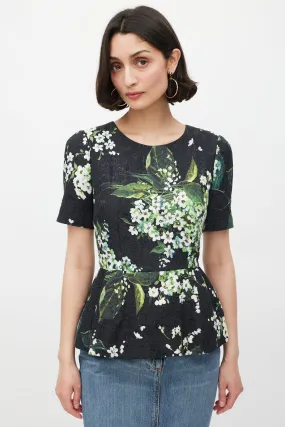Black White & Green Floral Brocade Peplum Top