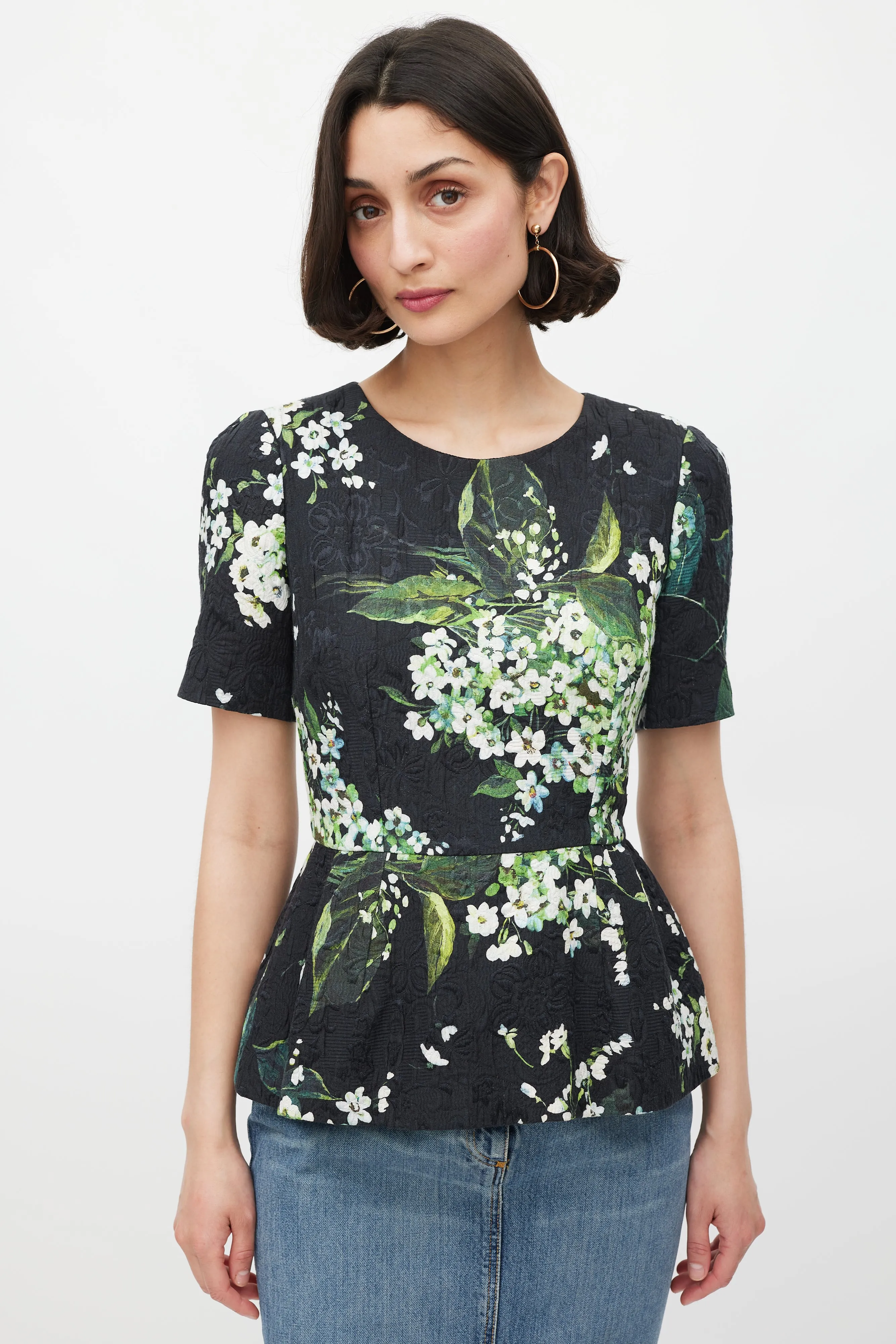 Black White & Green Floral Brocade Peplum Top