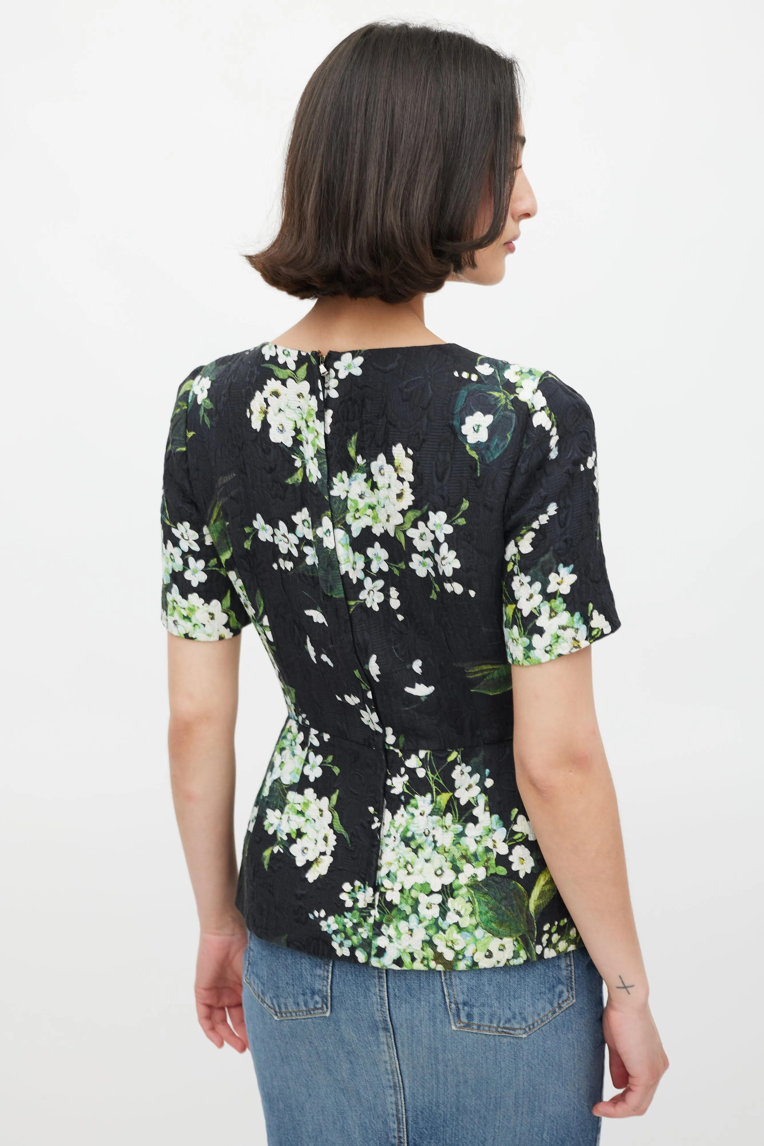 Black White & Green Floral Brocade Peplum Top