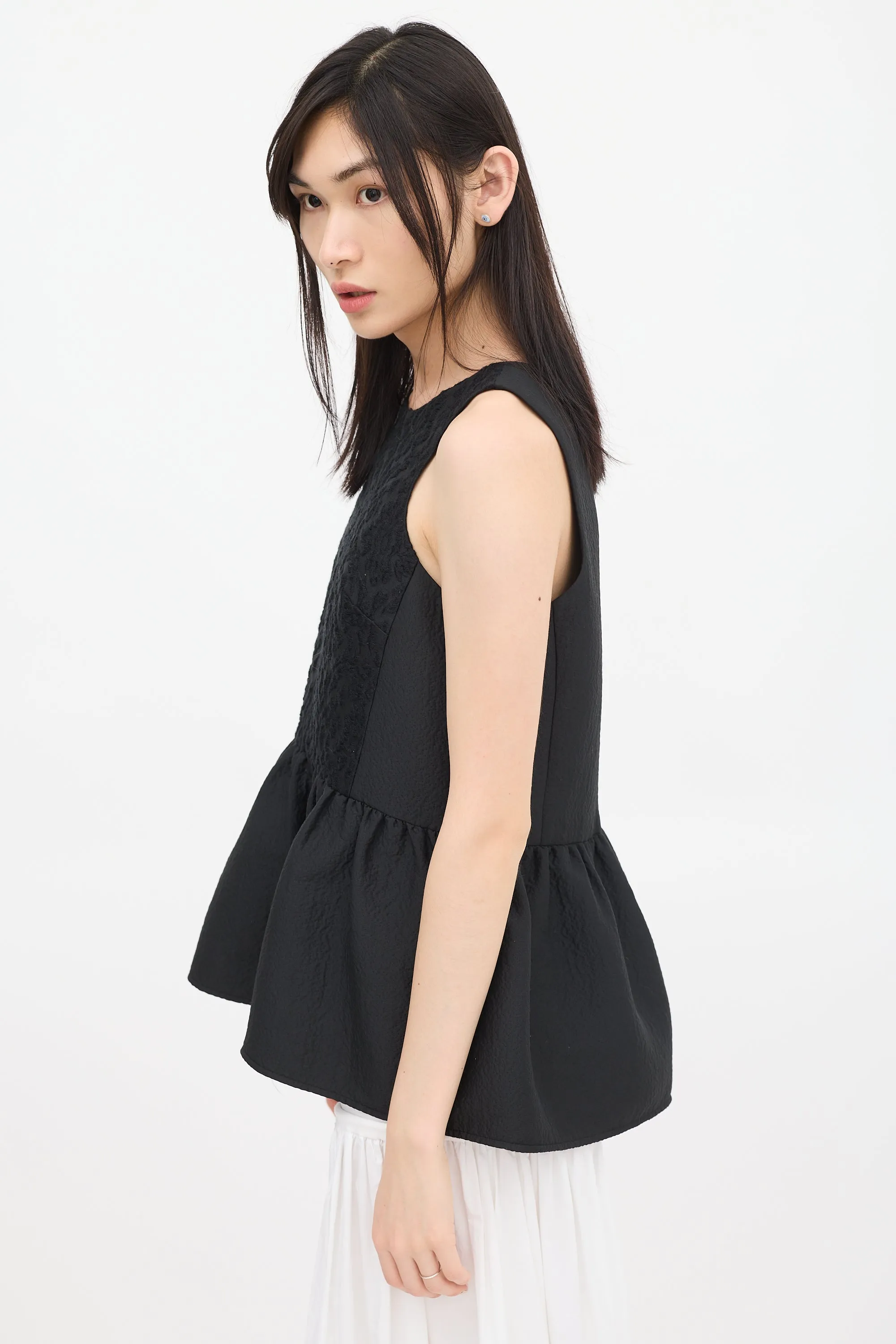 Black Wool Jacquard Peplum Top