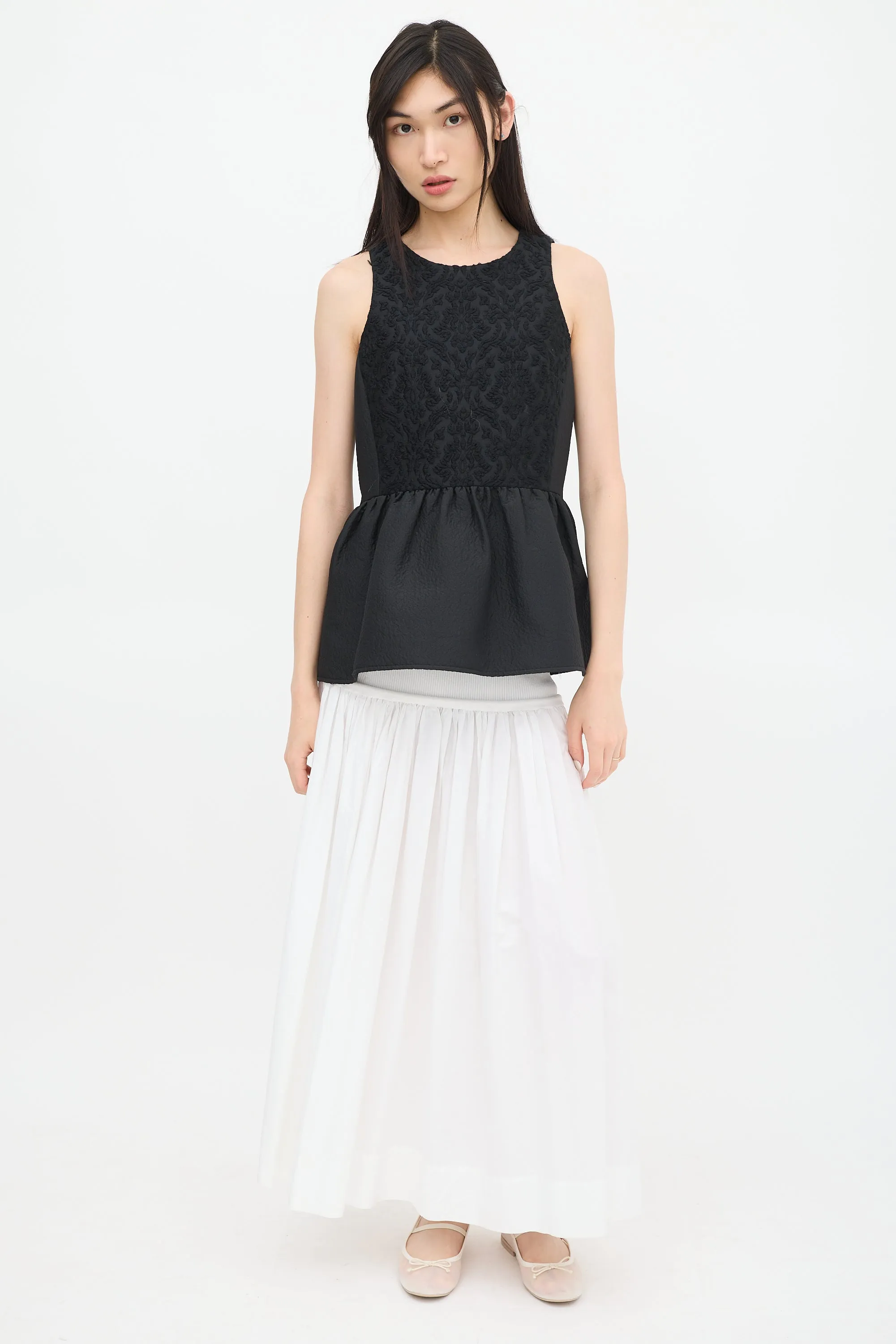 Black Wool Jacquard Peplum Top