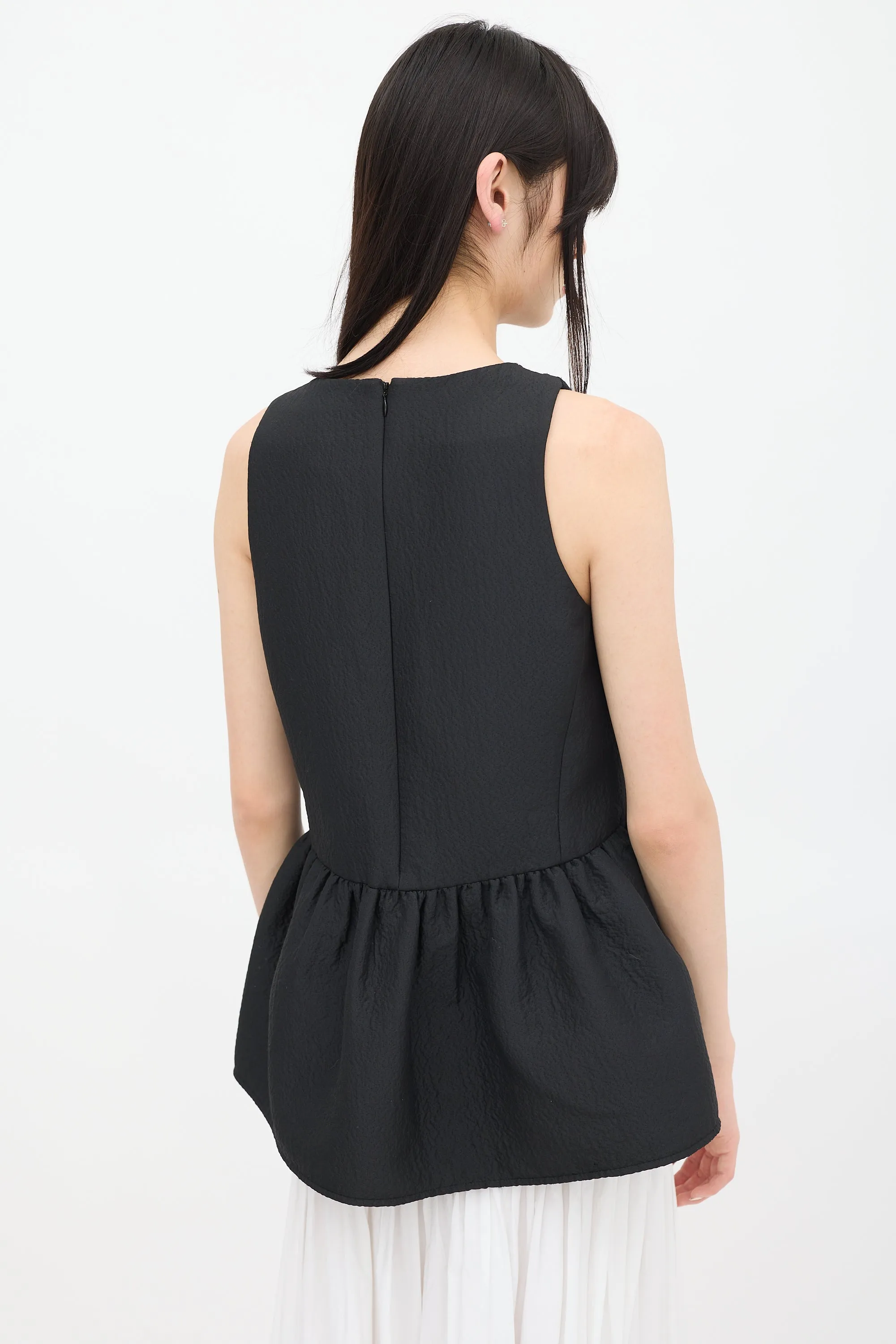 Black Wool Jacquard Peplum Top