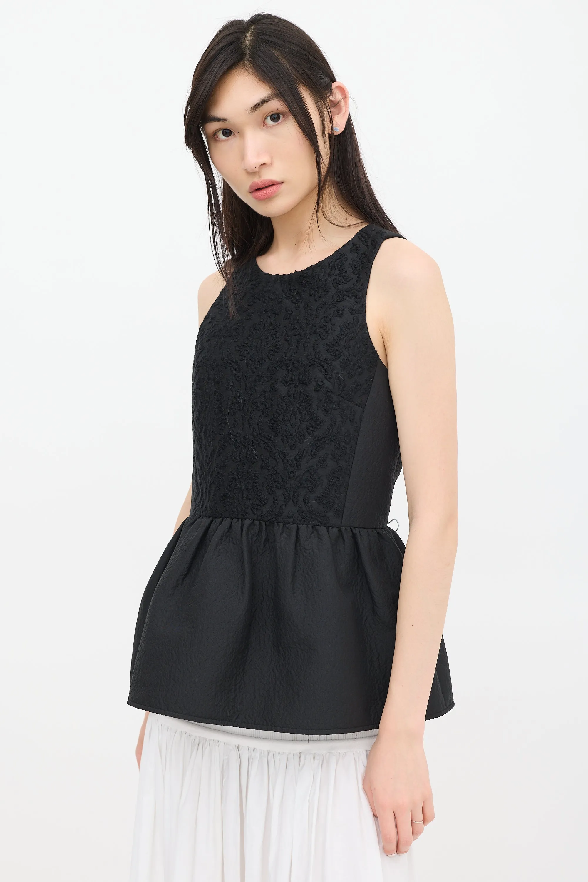 Black Wool Jacquard Peplum Top