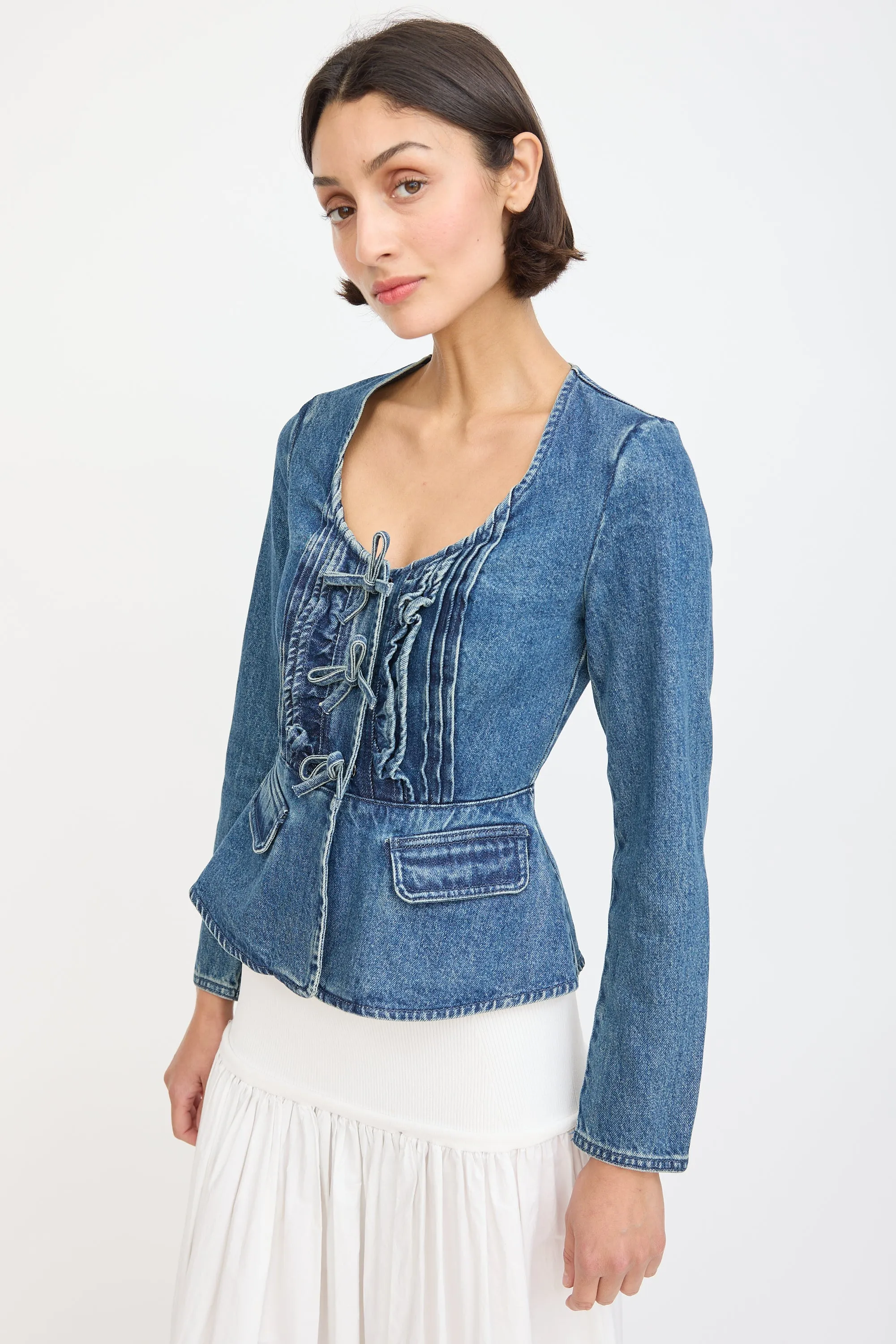 Blue Denim Bow Peplum Top