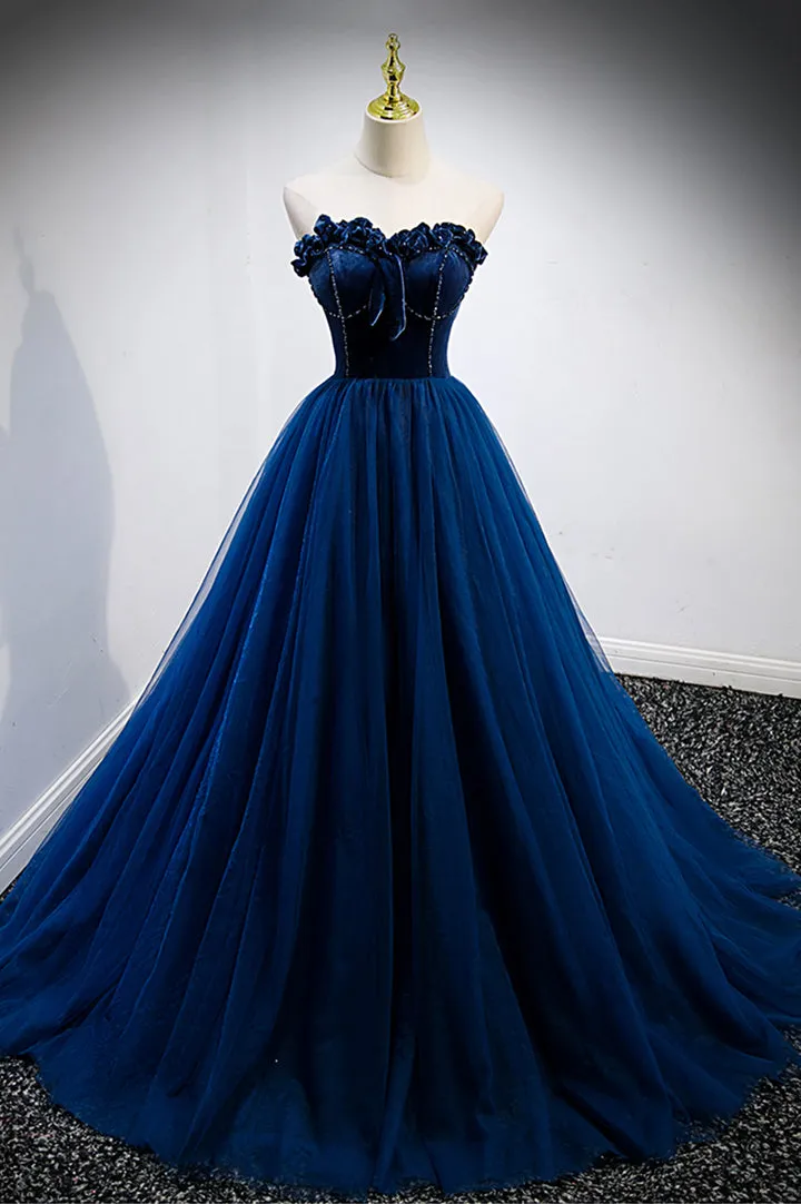Blue Velvet Tulle Long Prom Dresses A-Line Strapless Evening Dresses Off Shoulder
