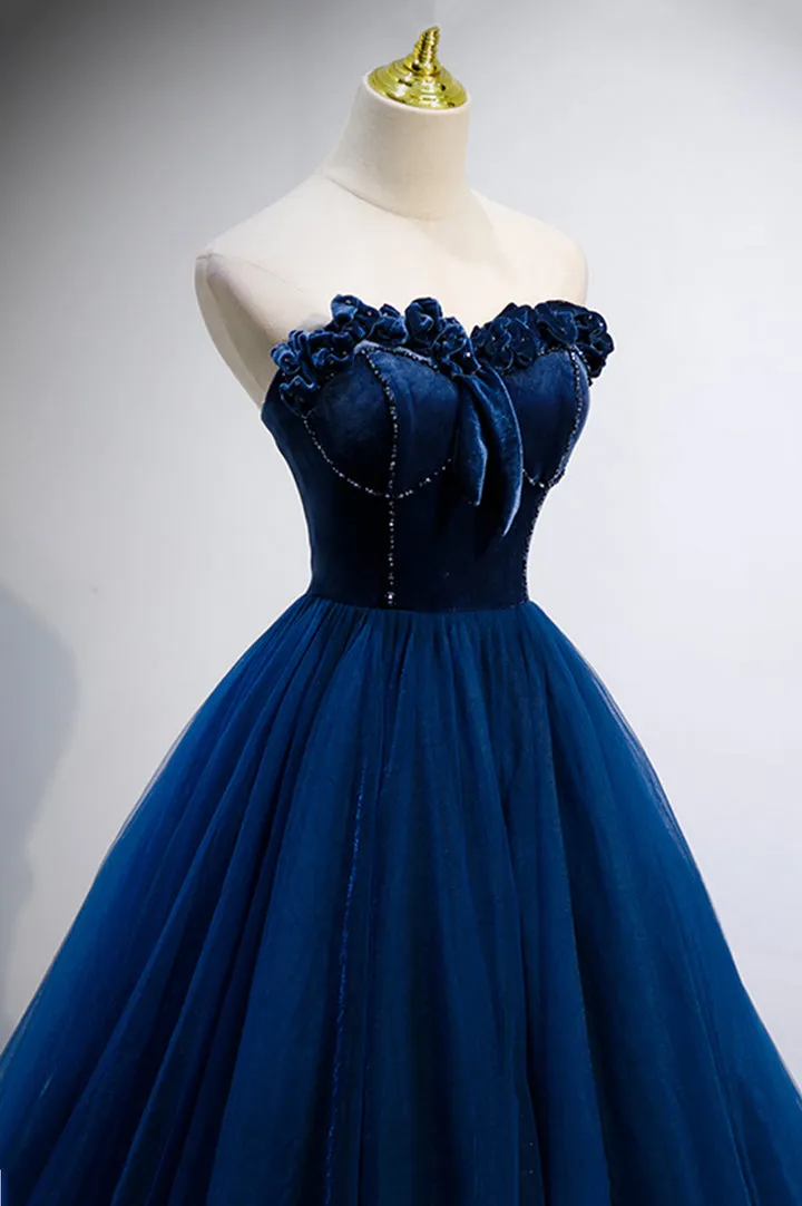 Blue Velvet Tulle Long Prom Dresses A-Line Strapless Evening Dresses Off Shoulder