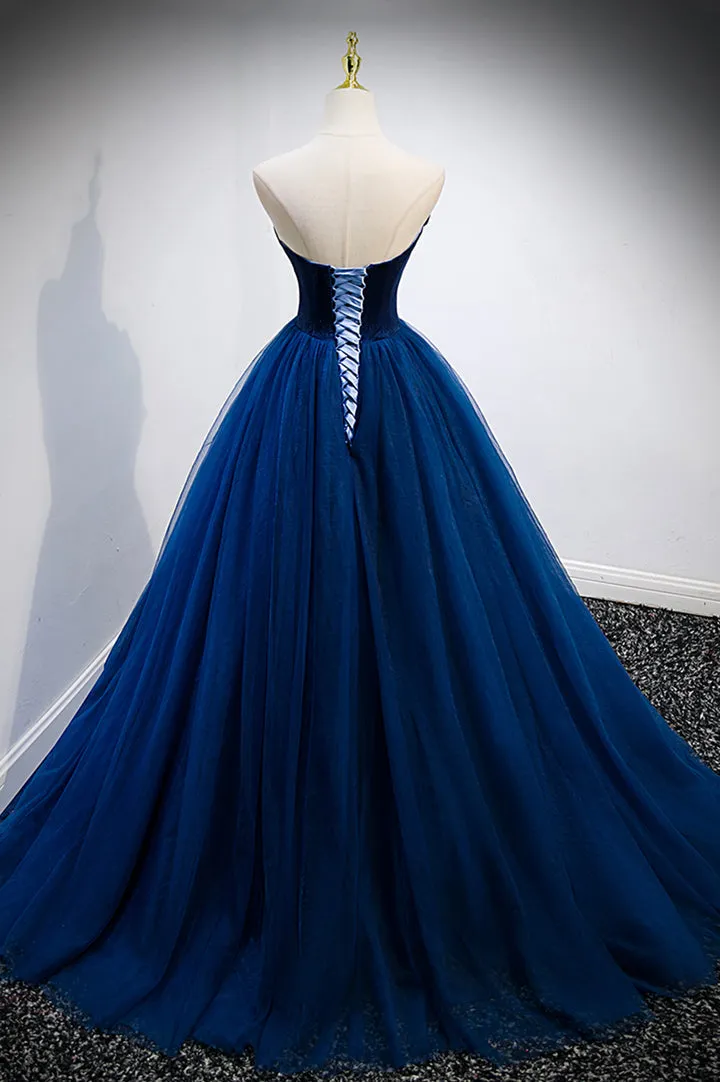 Blue Velvet Tulle Long Prom Dresses A-Line Strapless Evening Dresses Off Shoulder