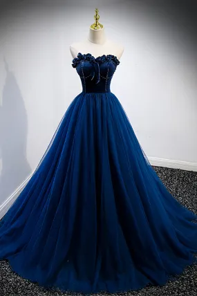 Blue Velvet Tulle Long Prom Dresses A-Line Strapless Evening Dresses Off Shoulder