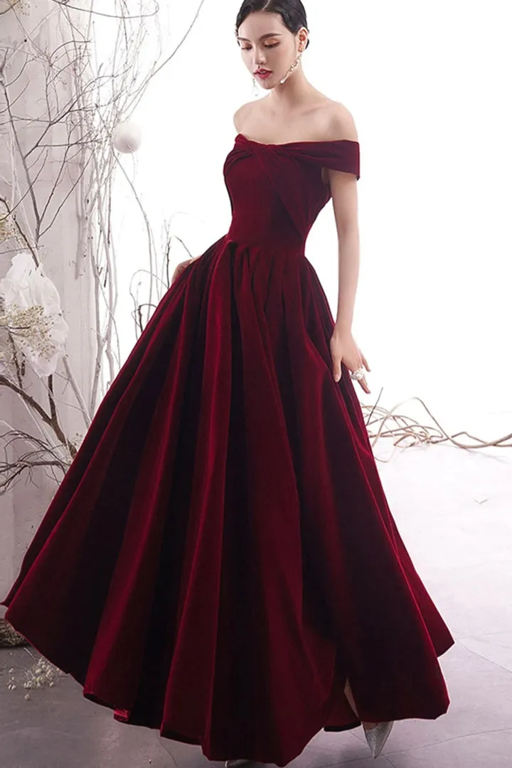 Burgundy Velvet Long Prom Dresses Off the Shoulder Evening Dresses Sexy