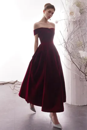 Burgundy Velvet Long Prom Dresses Off the Shoulder Evening Dresses Sexy