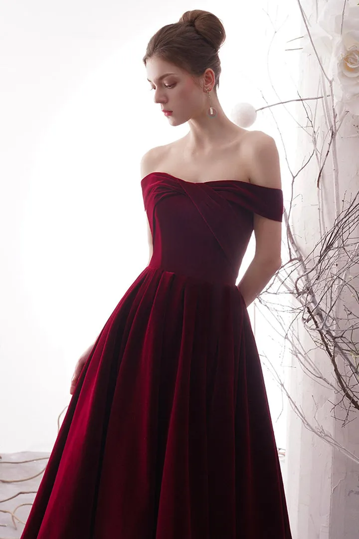 Burgundy Velvet Long Prom Dresses Off the Shoulder Evening Dresses Sexy