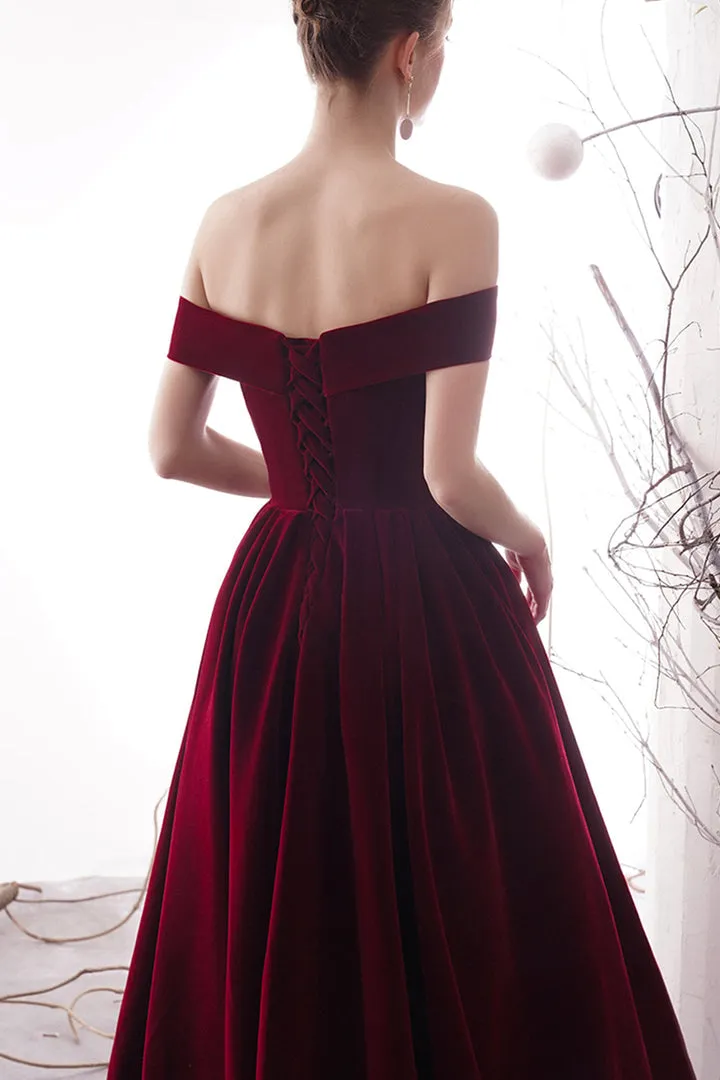 Burgundy Velvet Long Prom Dresses Off the Shoulder Evening Dresses Sexy