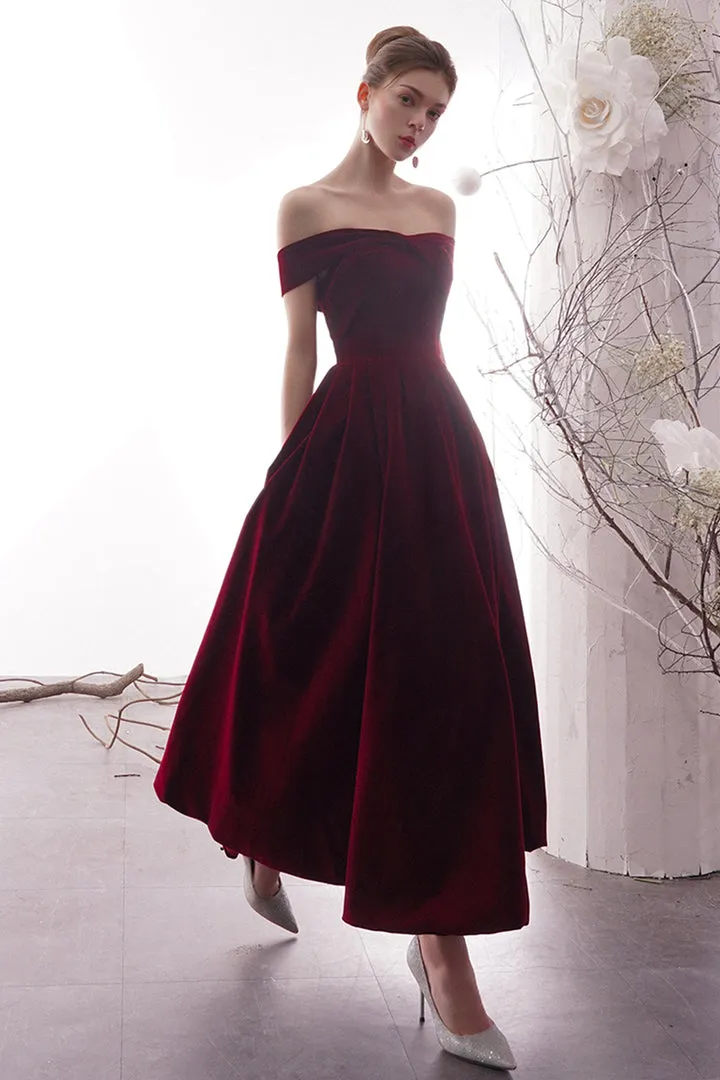 Burgundy Velvet Long Prom Dresses Off the Shoulder Evening Dresses Sexy