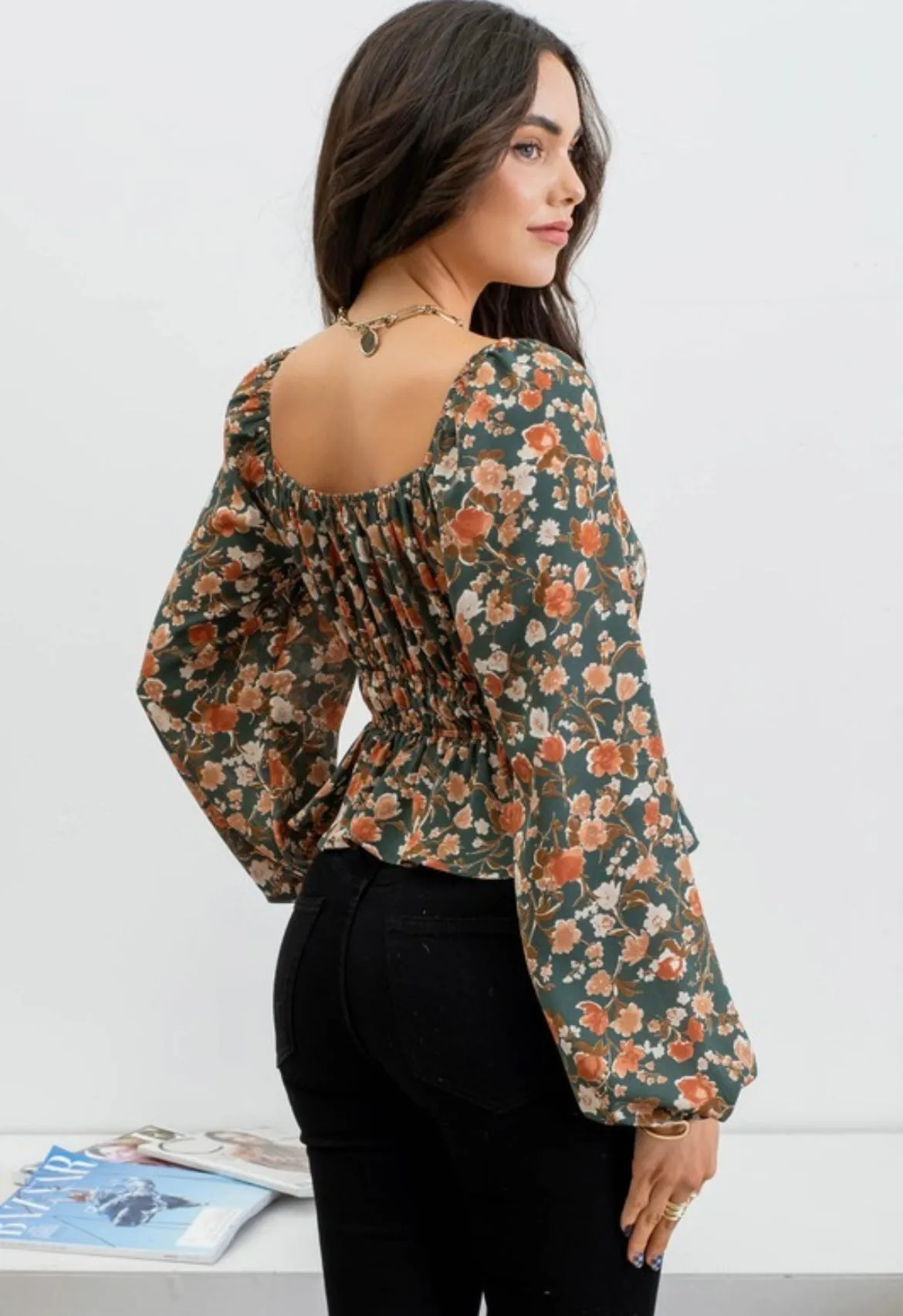 FLORAL SMOCK WAIST LONG SLEEVE TOP