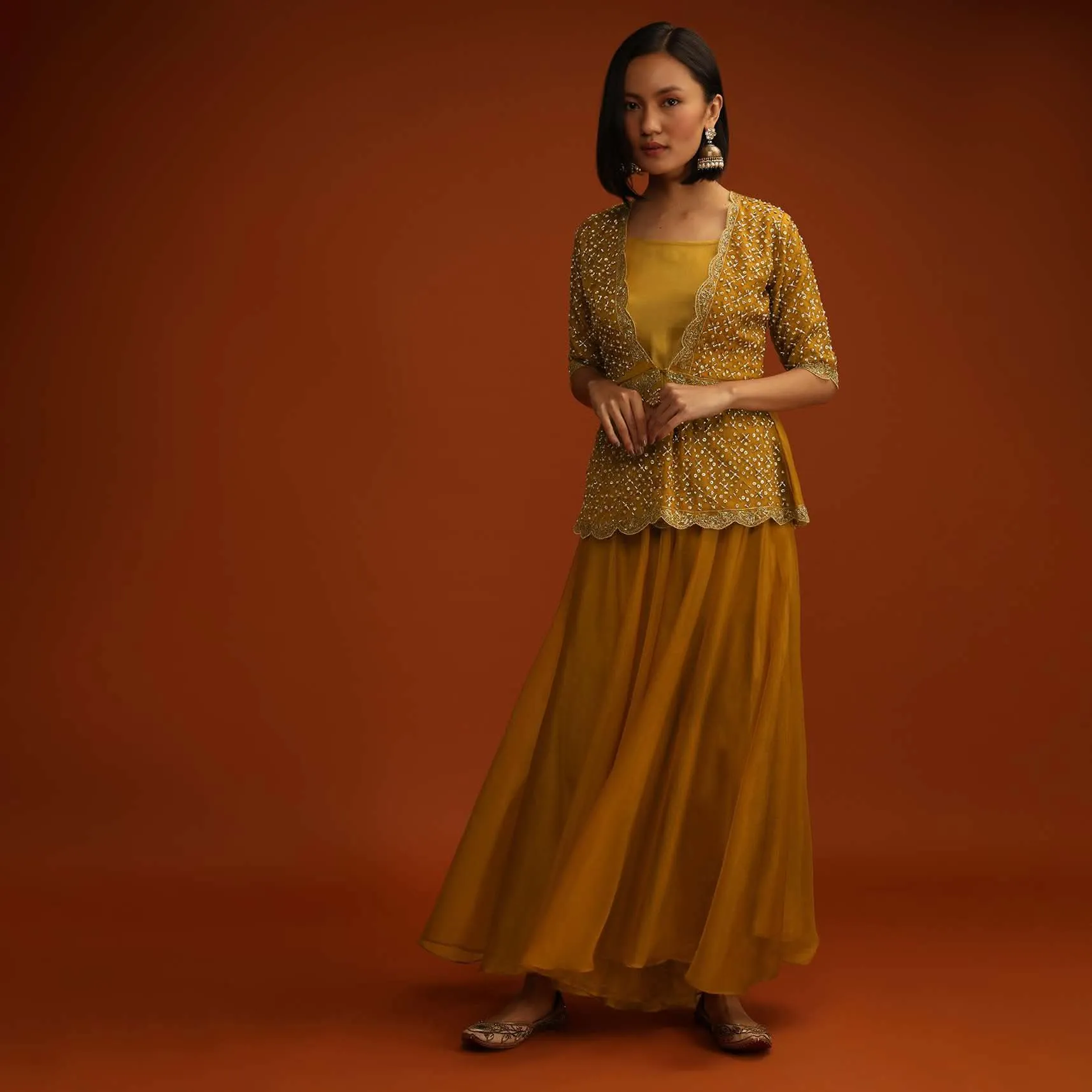 Inca Gold Yellow Palazzo And Peplum Suit In Organza With Flower Sequins And Cut Dana Work
