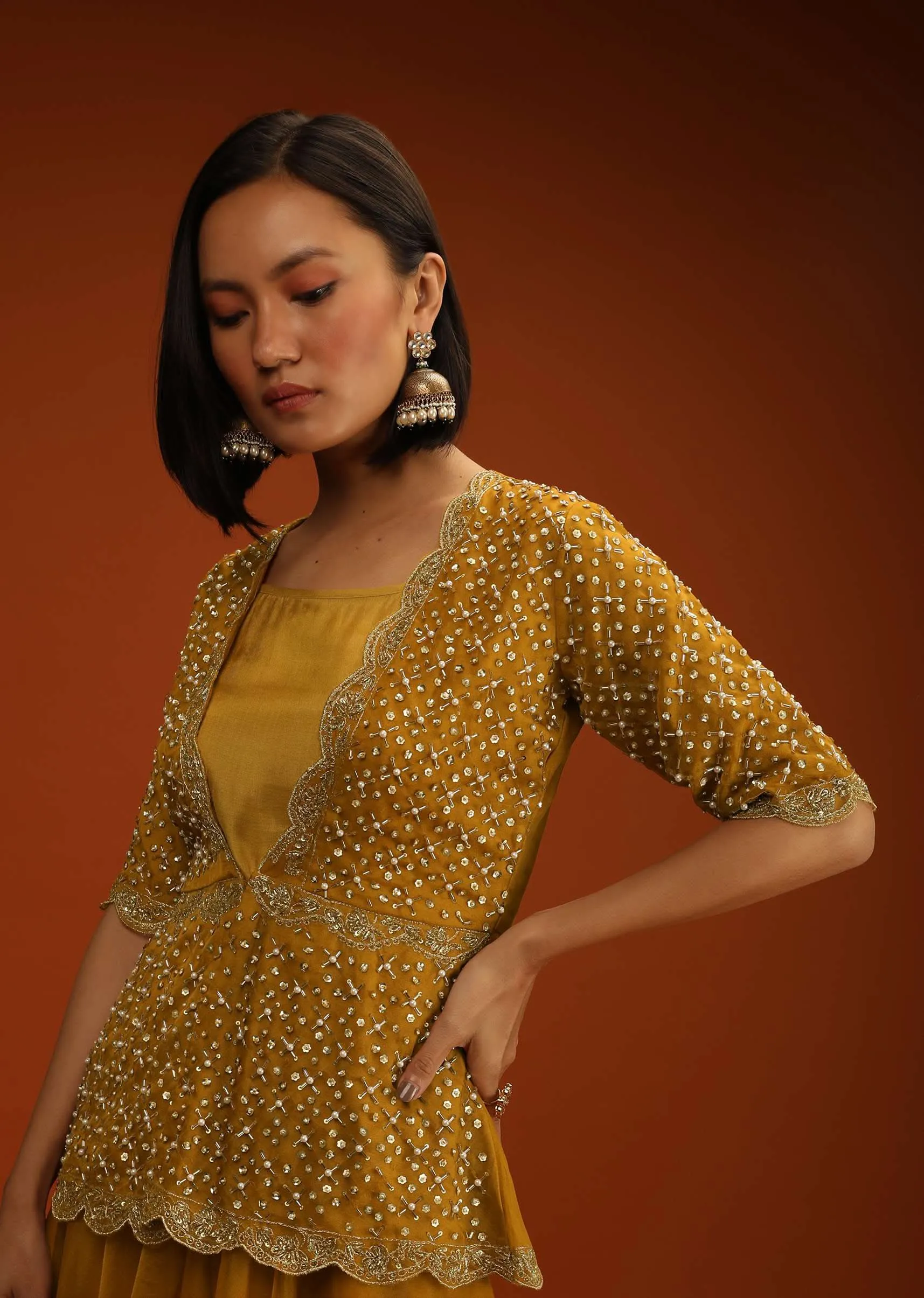 Inca Gold Yellow Palazzo And Peplum Suit In Organza With Flower Sequins And Cut Dana Work