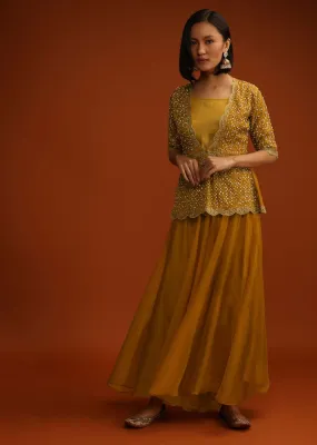Inca Gold Yellow Palazzo And Peplum Suit In Organza With Flower Sequins And Cut Dana Work