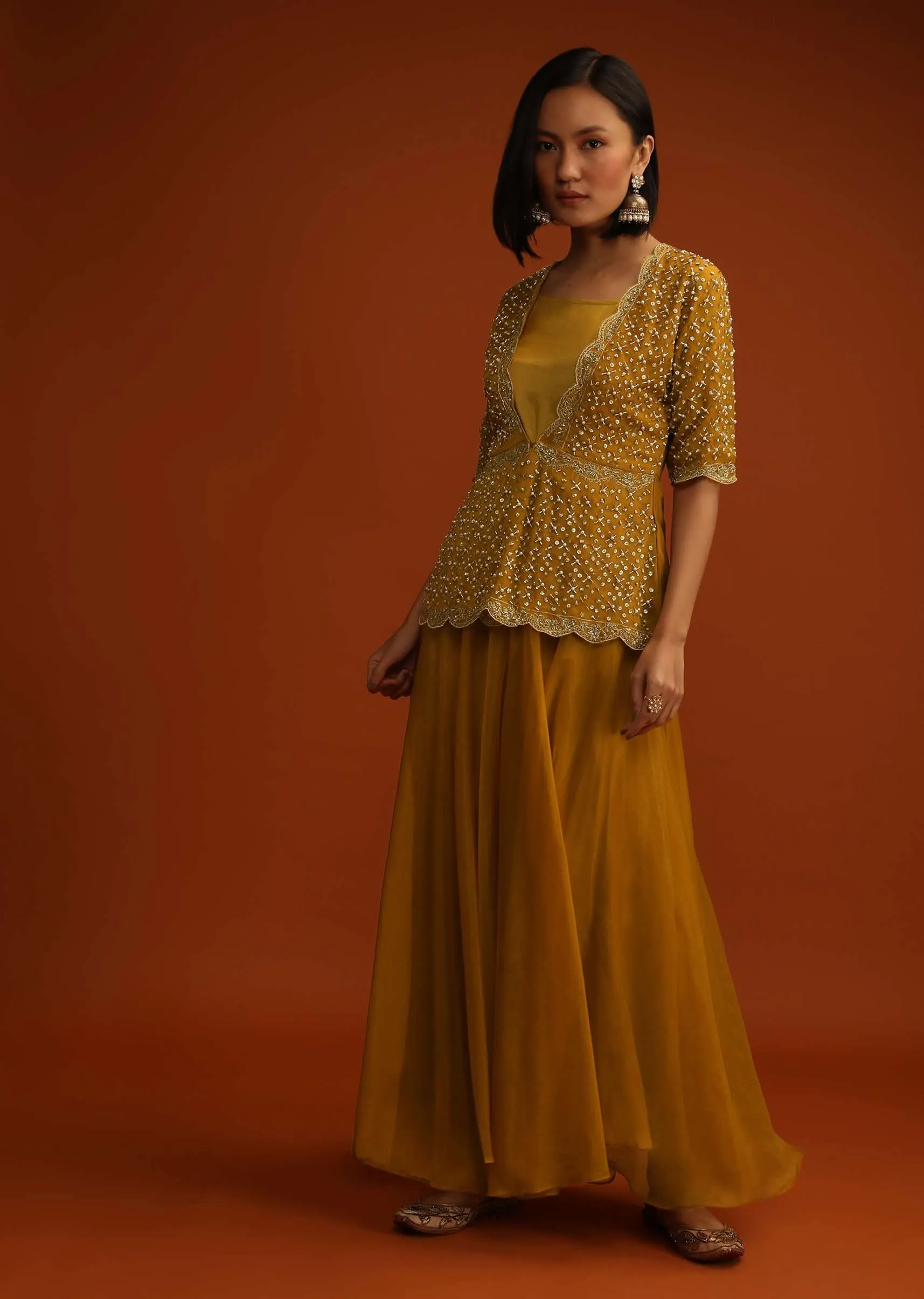Inca Gold Yellow Palazzo And Peplum Suit In Organza With Flower Sequins And Cut Dana Work