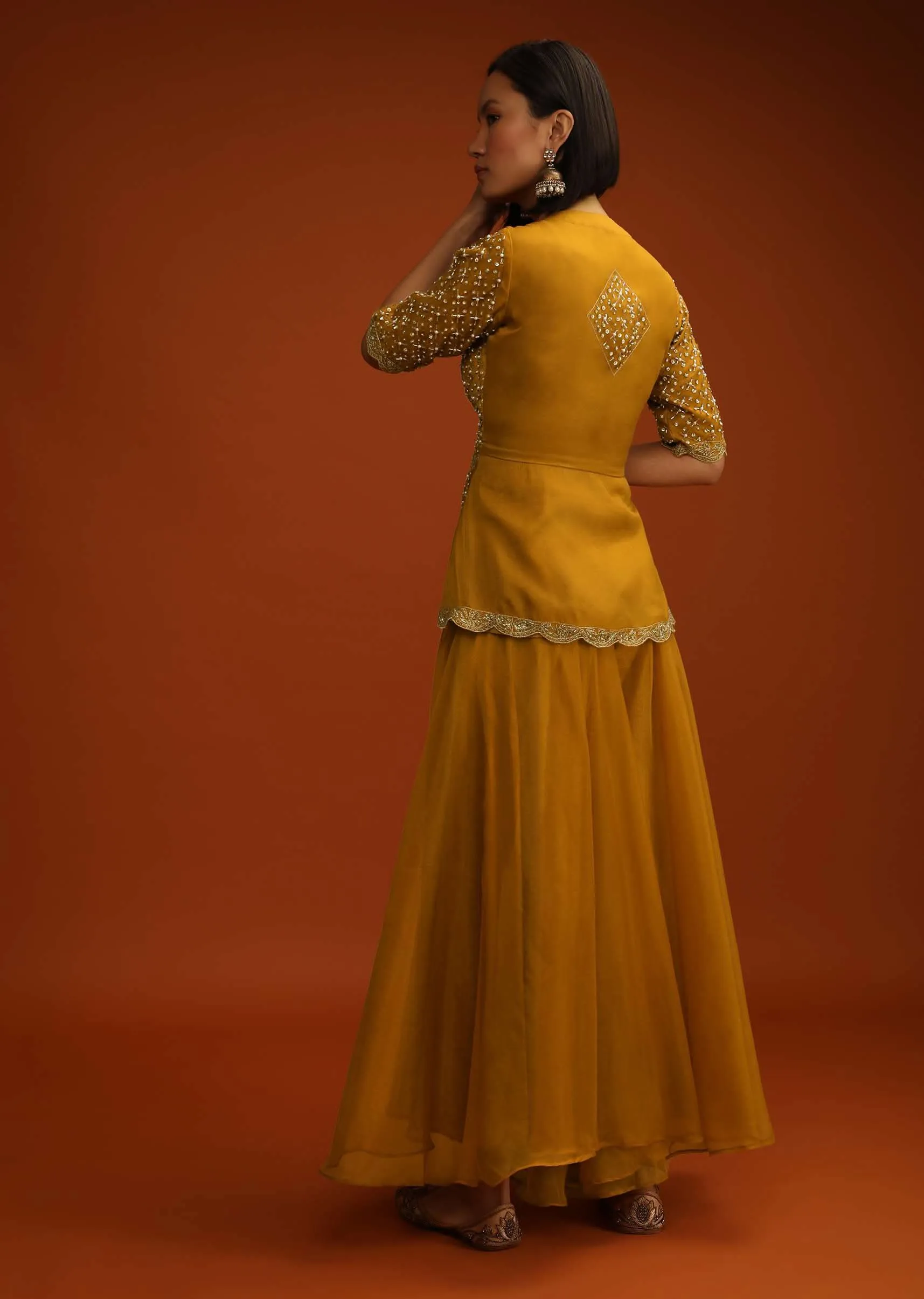 Inca Gold Yellow Palazzo And Peplum Suit In Organza With Flower Sequins And Cut Dana Work