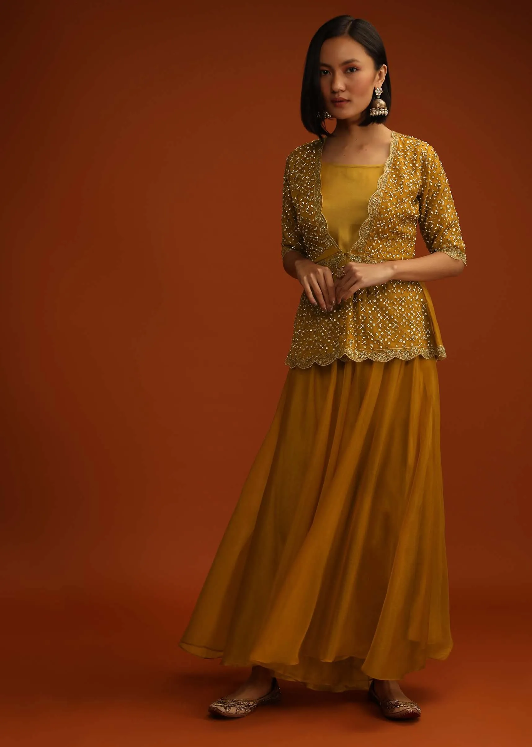 Inca Gold Yellow Palazzo And Peplum Suit In Organza With Flower Sequins And Cut Dana Work