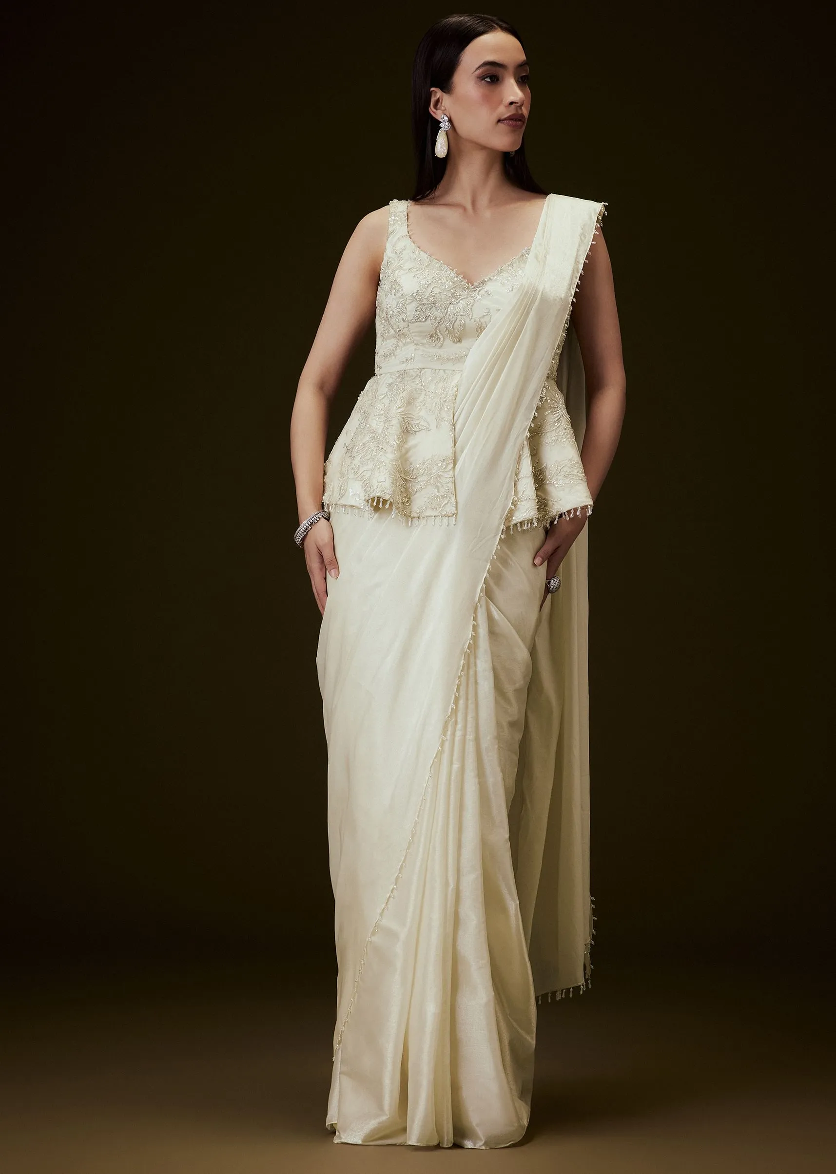 Ivory Embroidered Peplum Top With Saree