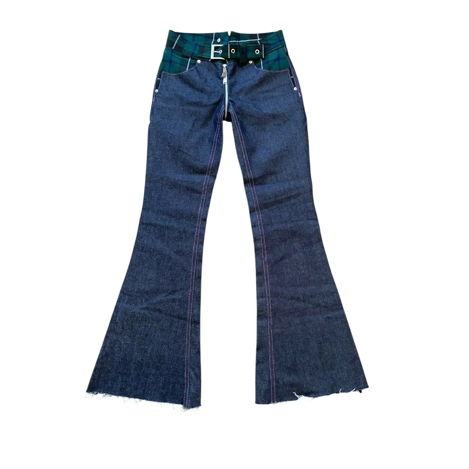 Raw Denim Plaid Hybrid Full Zip Flare Jeans (28 Waist)