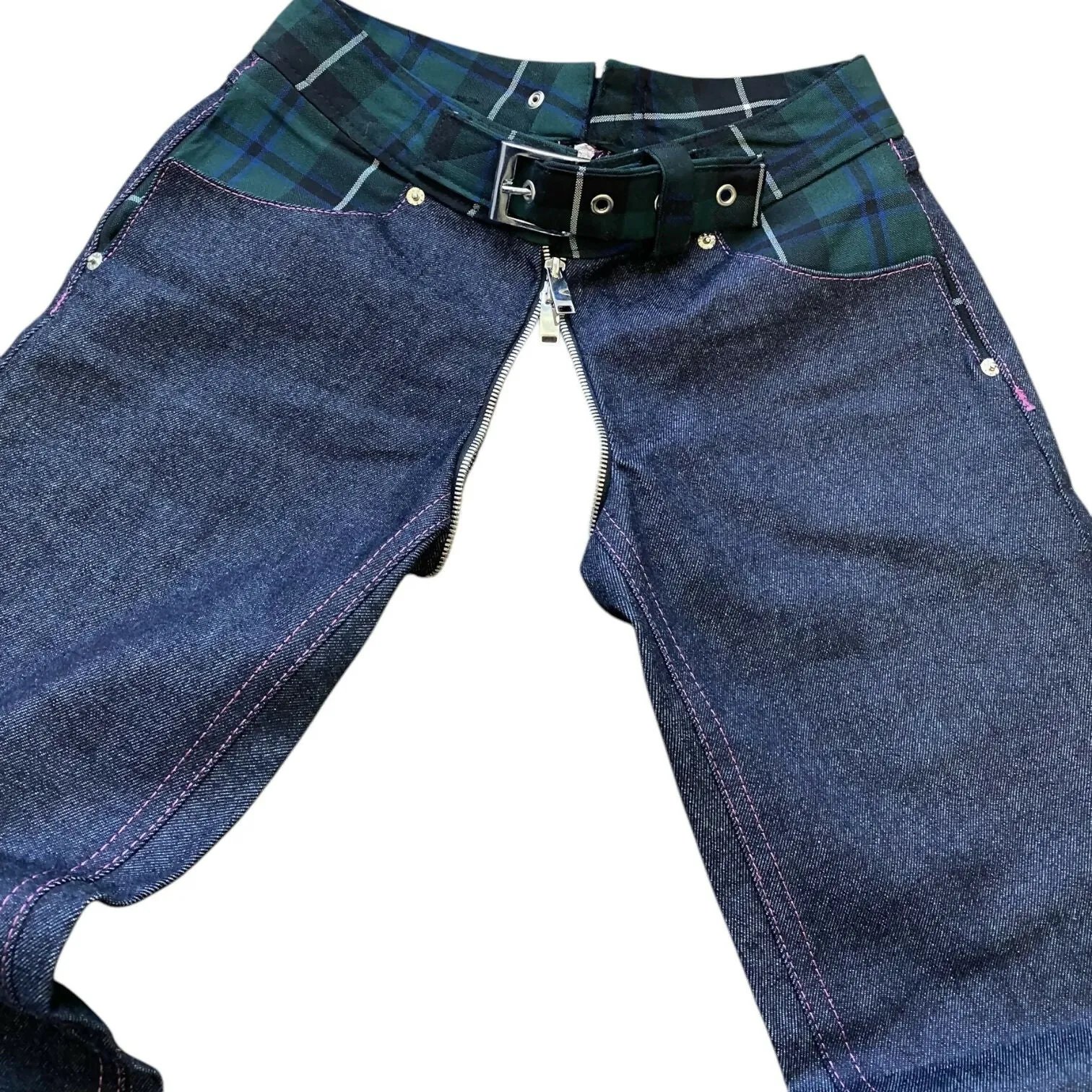Raw Denim Plaid Hybrid Full Zip Flare Jeans (28 Waist)