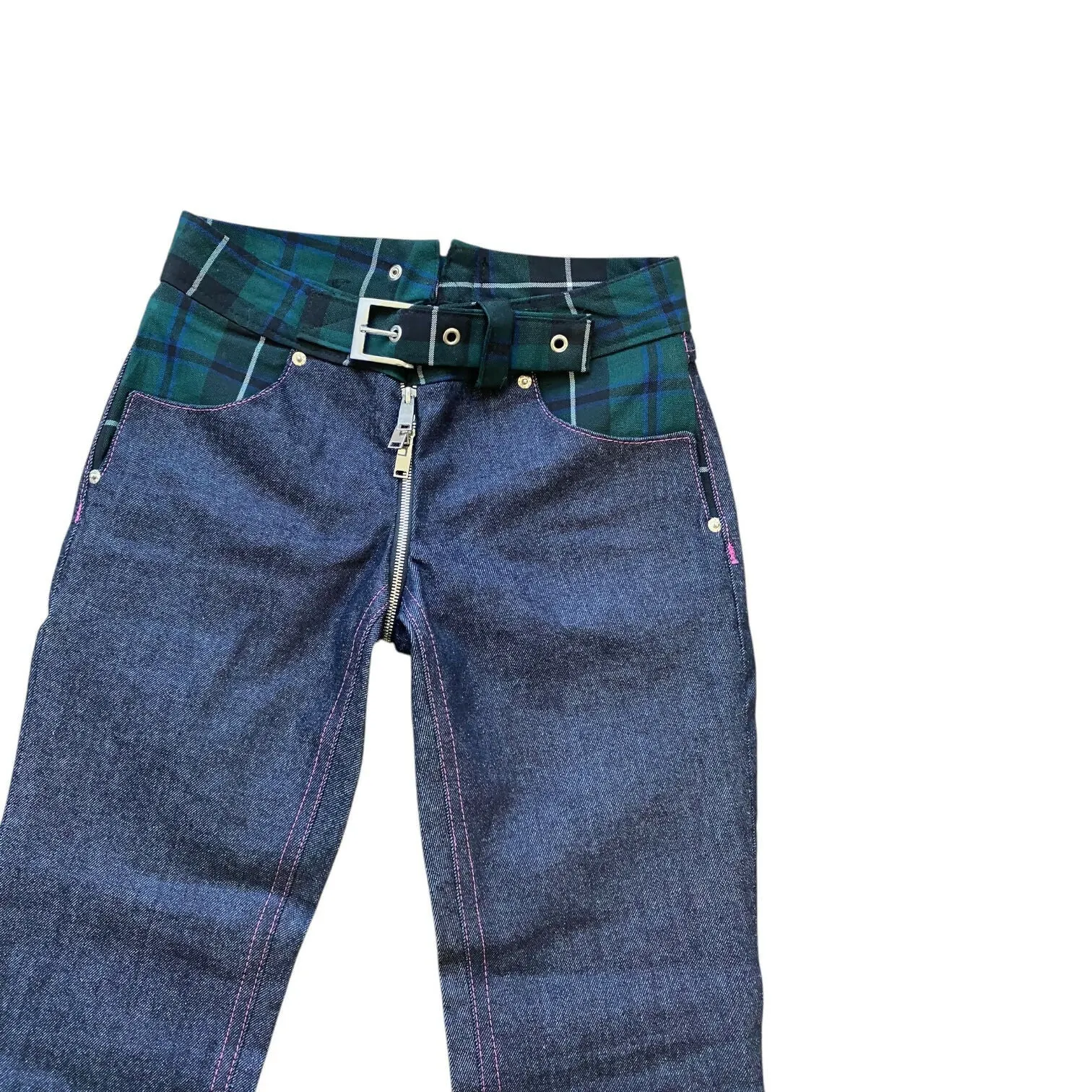 Raw Denim Plaid Hybrid Full Zip Flare Jeans (28 Waist)